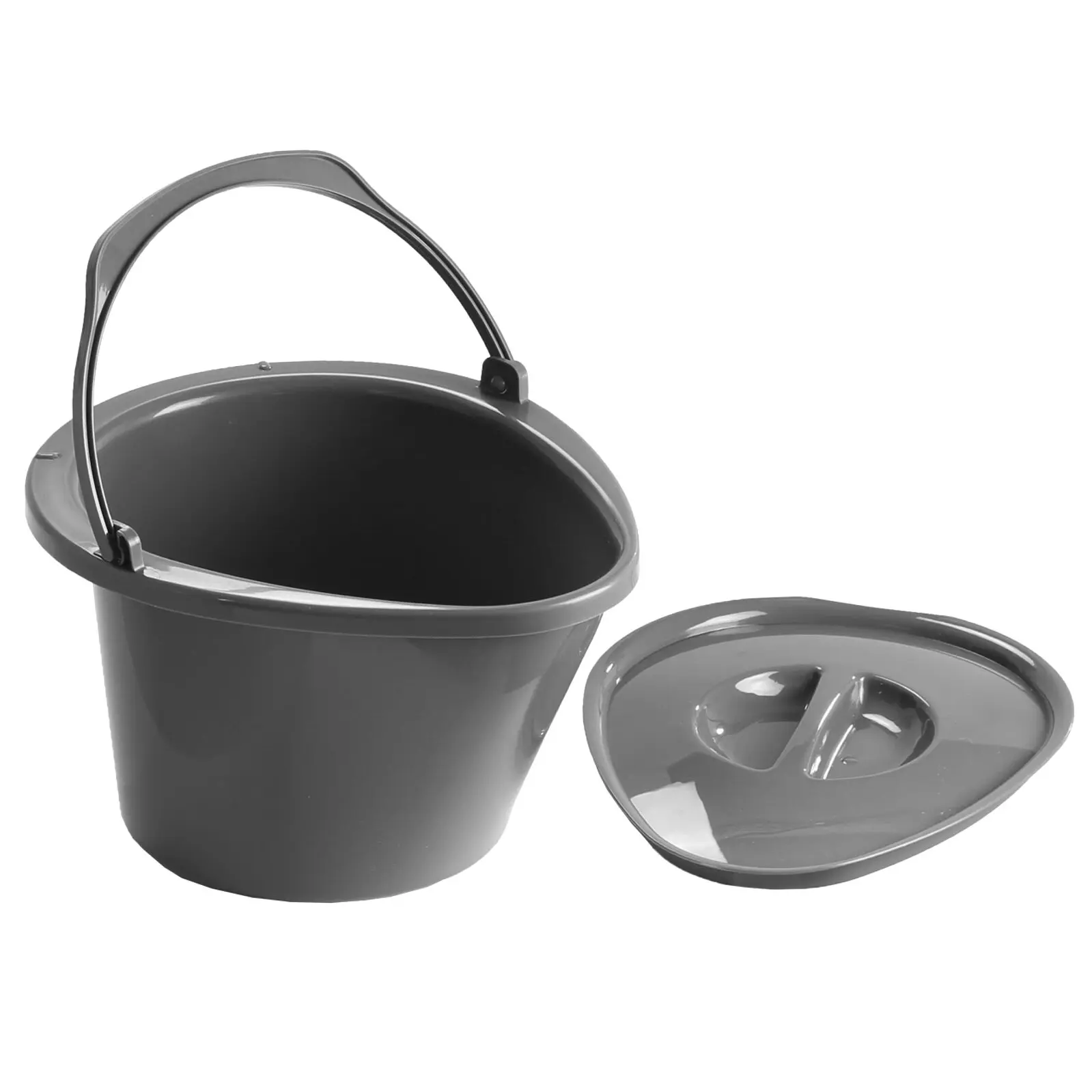 Graue Eimertoilette Optiloo, 40 cm, aus Kunststoff, mit Metallgriff, geöffnetem Innenraum und daneben liegendem Deckel