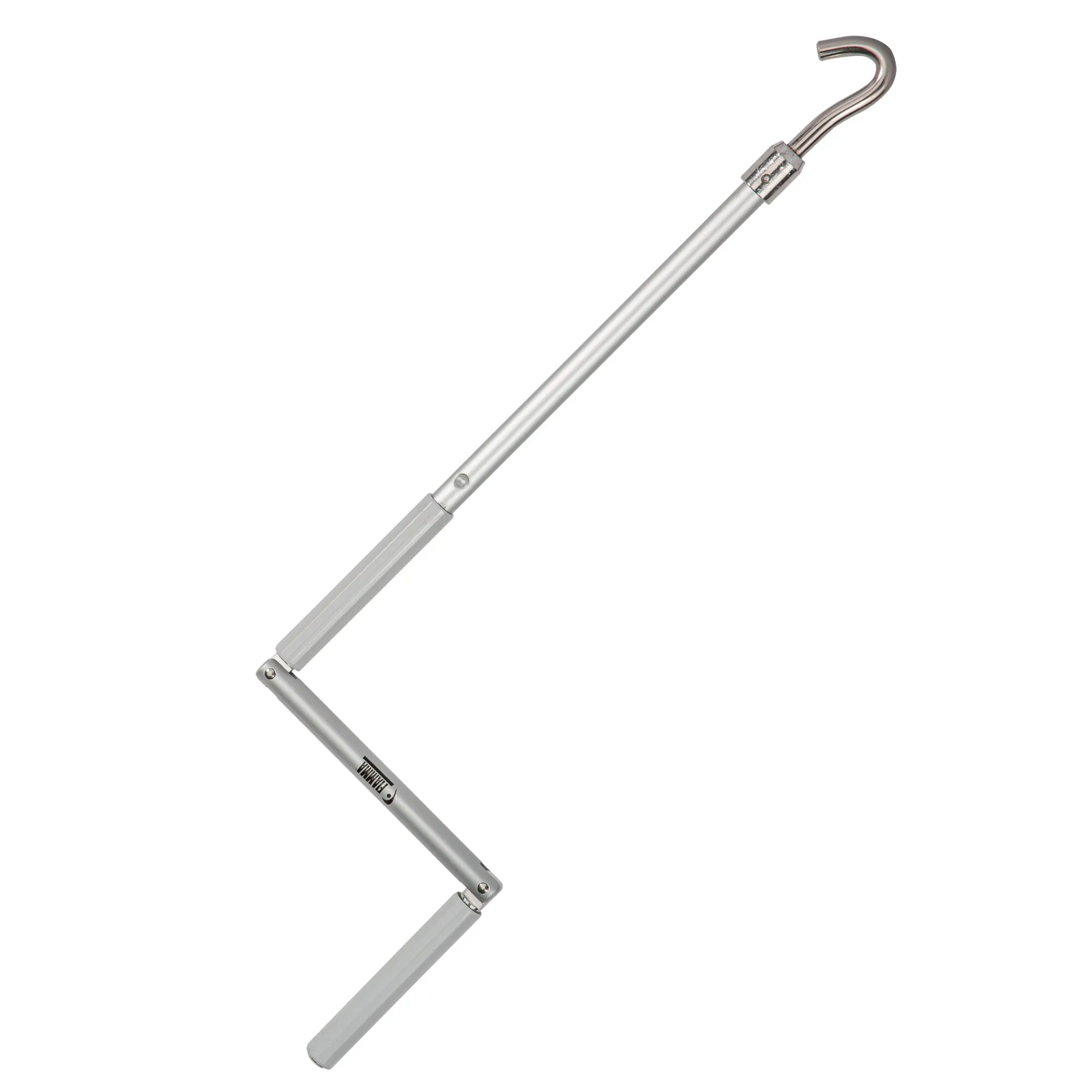 Silberne 51 cm lange Aluminium-Handkurbel mit langem Schaft, gebogenem Haken und quer angebrachtem Griff auf weißem Hintergrund