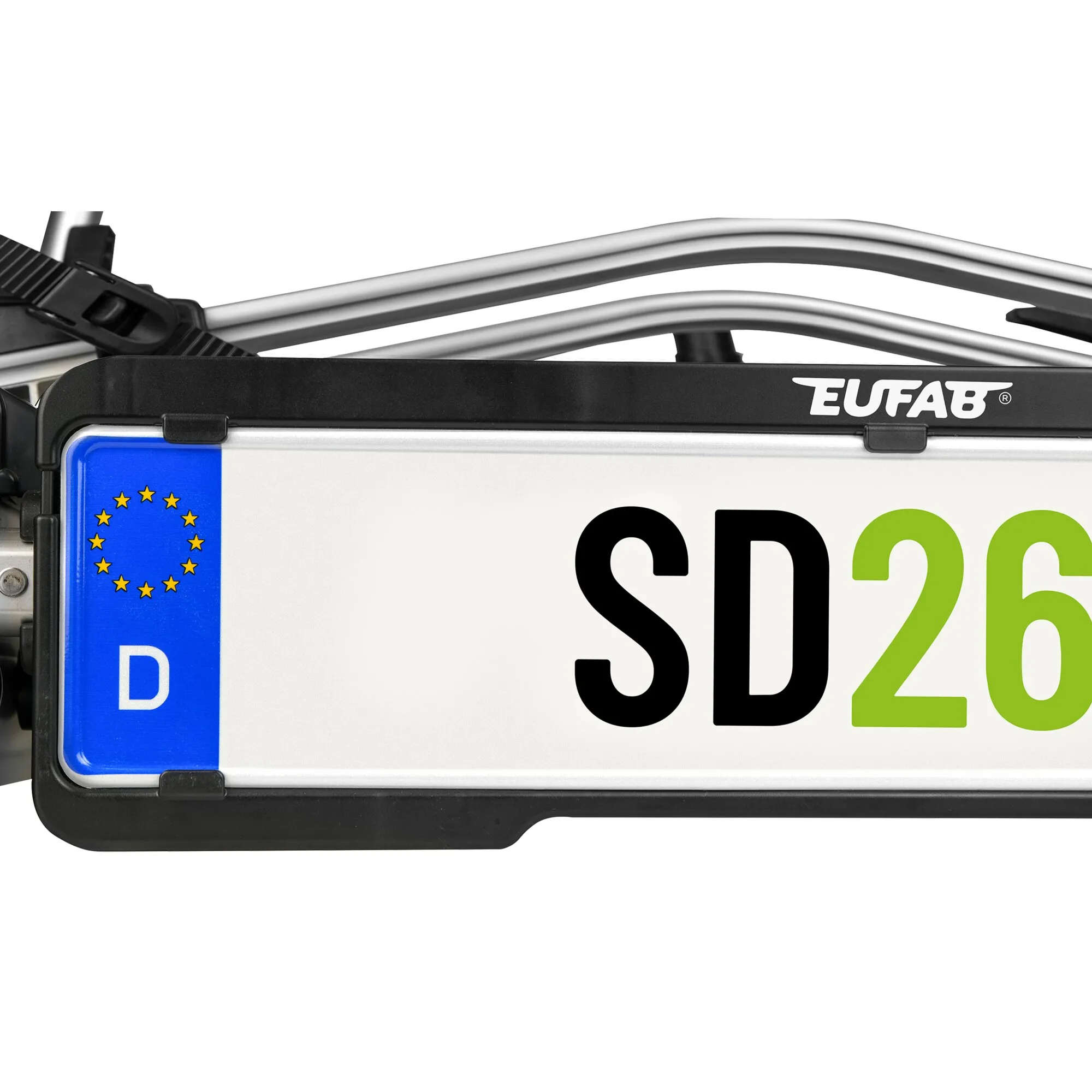 Detailansicht des silbernen Eufab Fahrradträgers SD260 für die Anhängerkupplung mit schwarzen Halterungen und silbernen Schienen