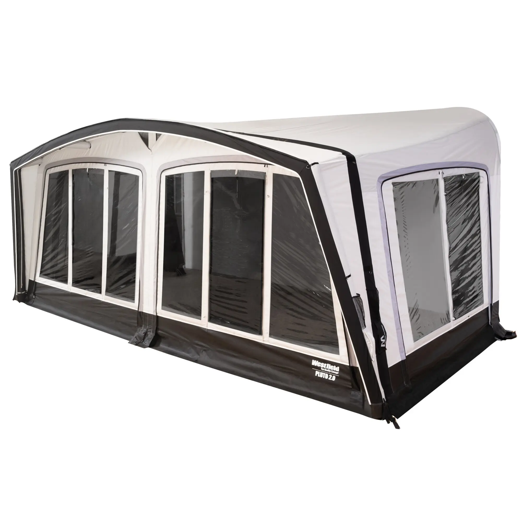 Großes Reisevorzelt in creme, schwarz und grau mit Frontfenstern aus Mesh und schwarzen Bogenrahmen, Bodenschürze in schwarz, Westfield Pluto 2.0