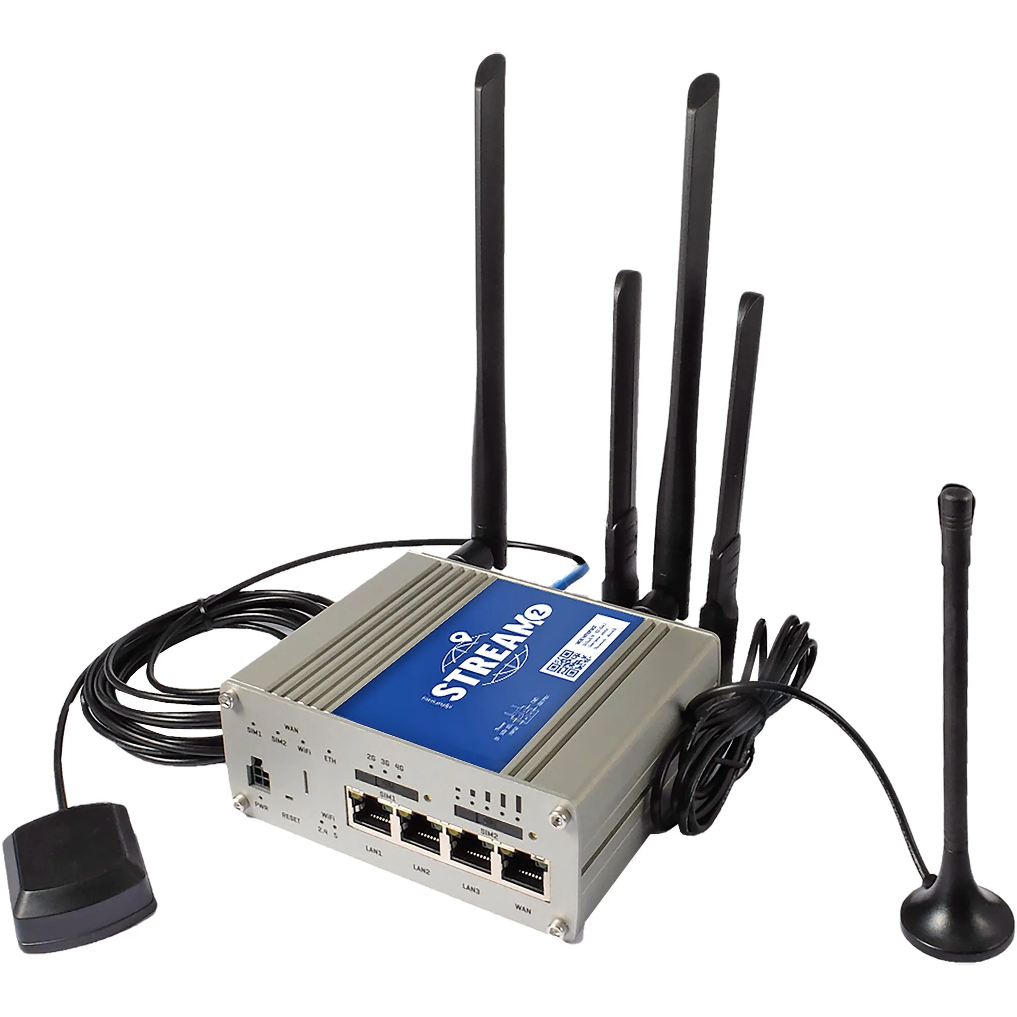 Routerset alphatronics Stream 2 mit silbernem Router, mehreren schwarzen Antennen, Kabeln und zwei externen Antennenfüßen