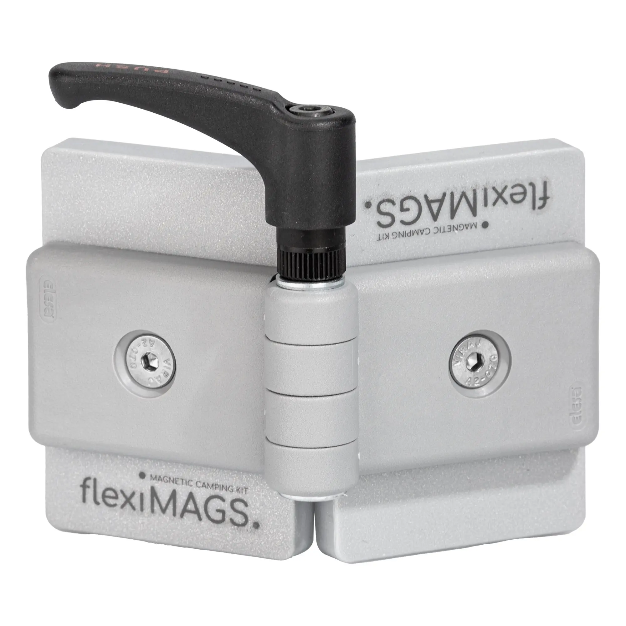 Nahaufnahme eines grauen rechteckigen Gehäuseteils mit einem schwarzen Scharniermagnet, sichtbare Schraubenköpfe und die Aufschrift flexiMAGS