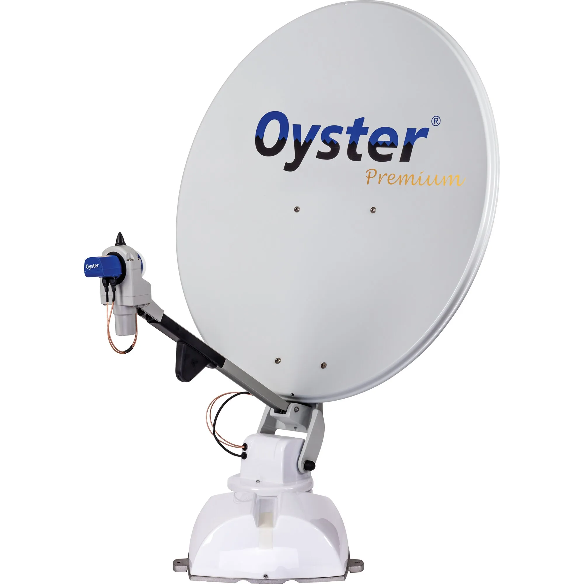 Weiße Oyster-Satellitenanlage mit 85-cm-Parabolantenne, blauem LNB, Motorhalterung und Standfuß vor weißem Hintergrund