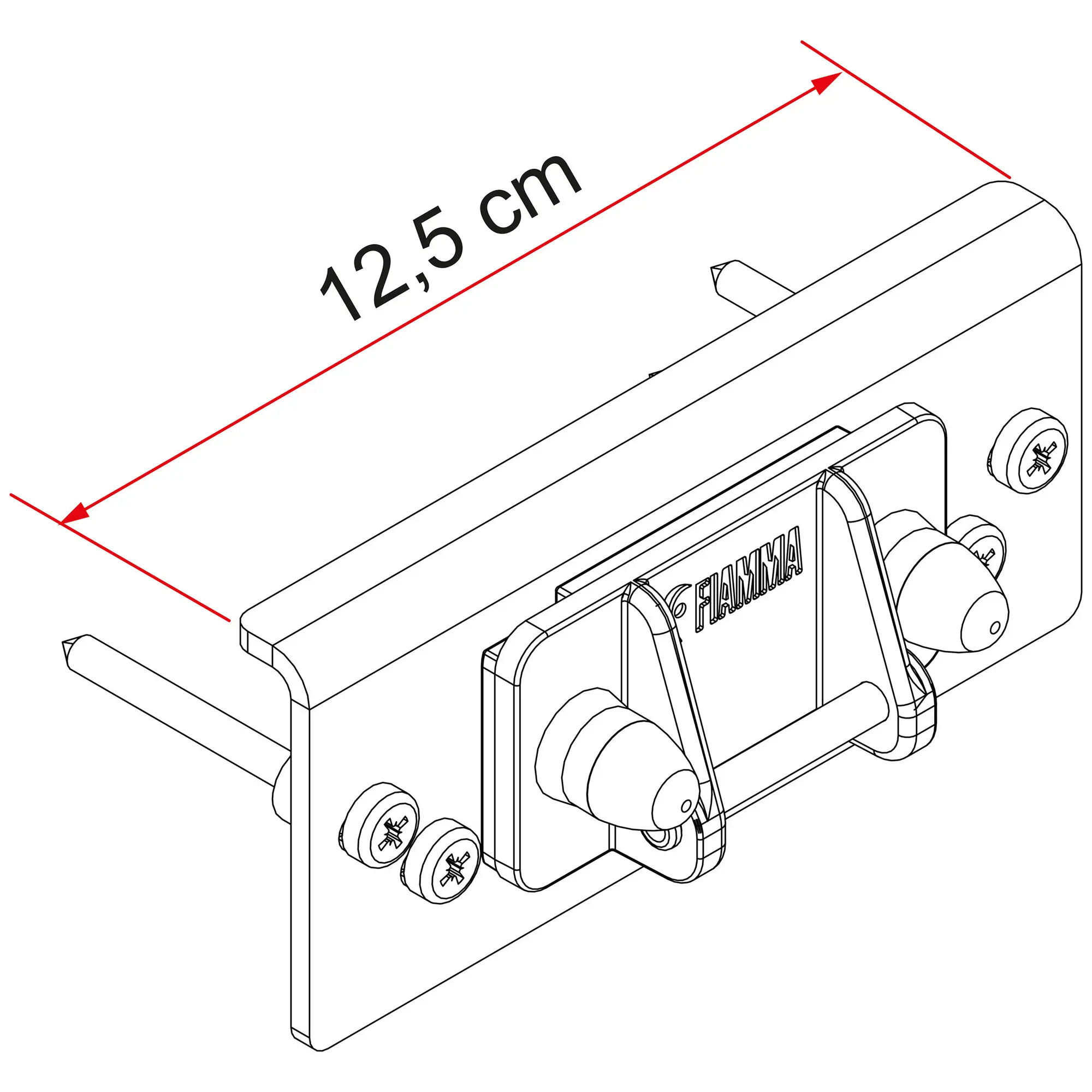 Isometrische Zeichnung eines Carry-Bike Anbau-Kit für Dethleffs ab 2016, Montagesystem, Schrauben und roter Maßlinie 12,5 cm