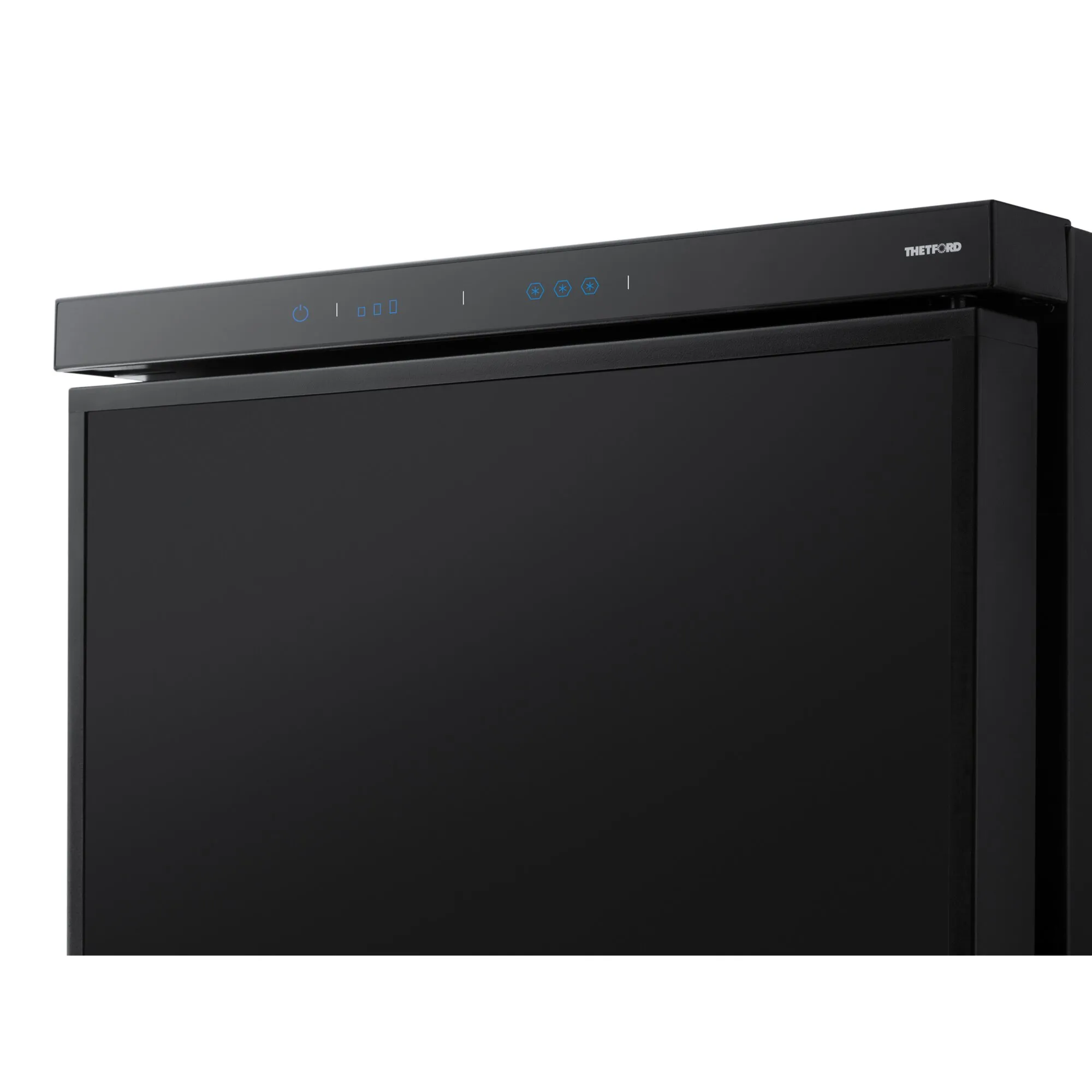 Schwarzer Thetford Kühlschrank T2138 mit geschlossenem Türfach und blau beleuchtetem Bedienfeld für 12 Volt