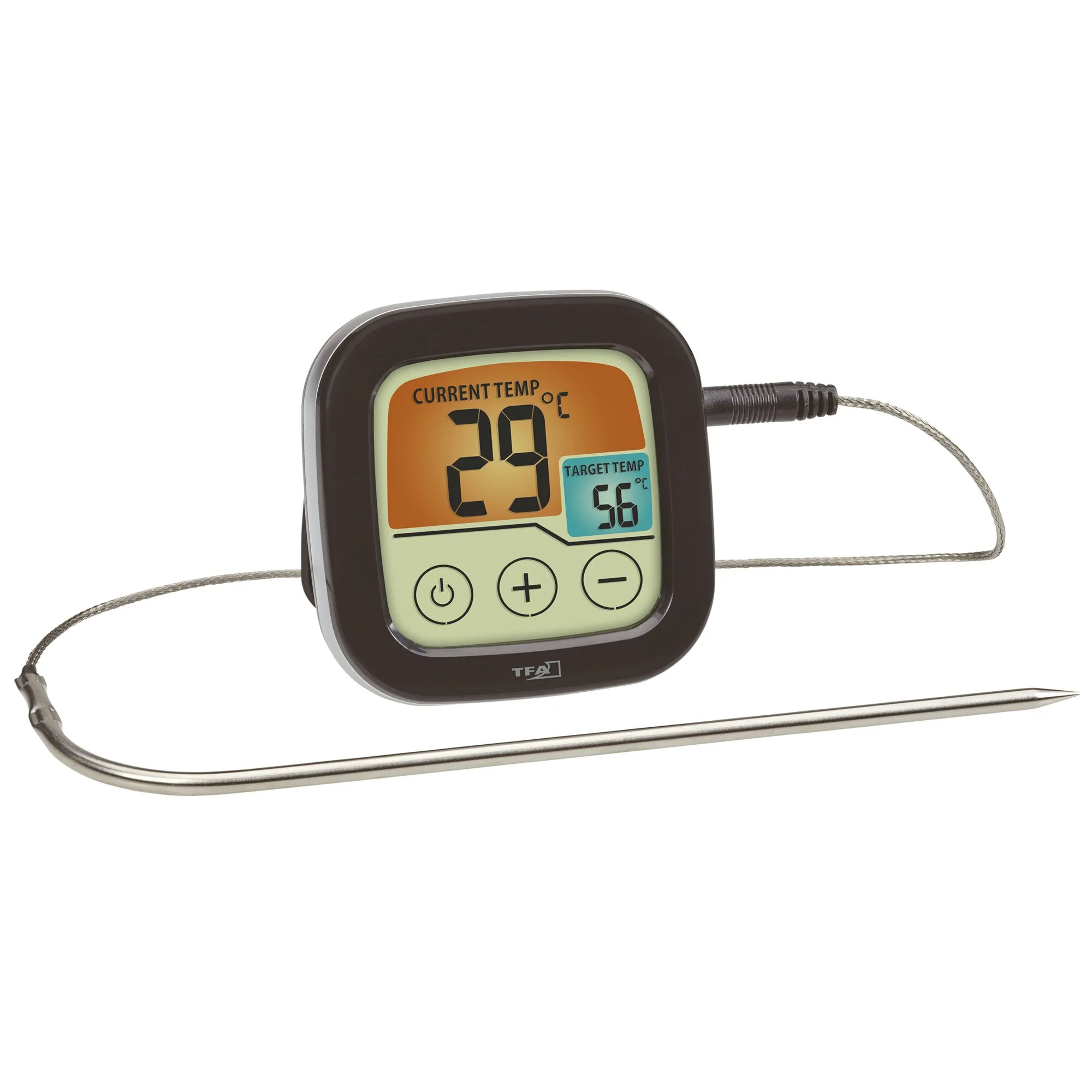 Digitales Grill- und Bratenthermometer mit schwarzem Display, Edelstahlfühler und Kabel; Anzeige 29 °C, Zieltemperatur 56 °C