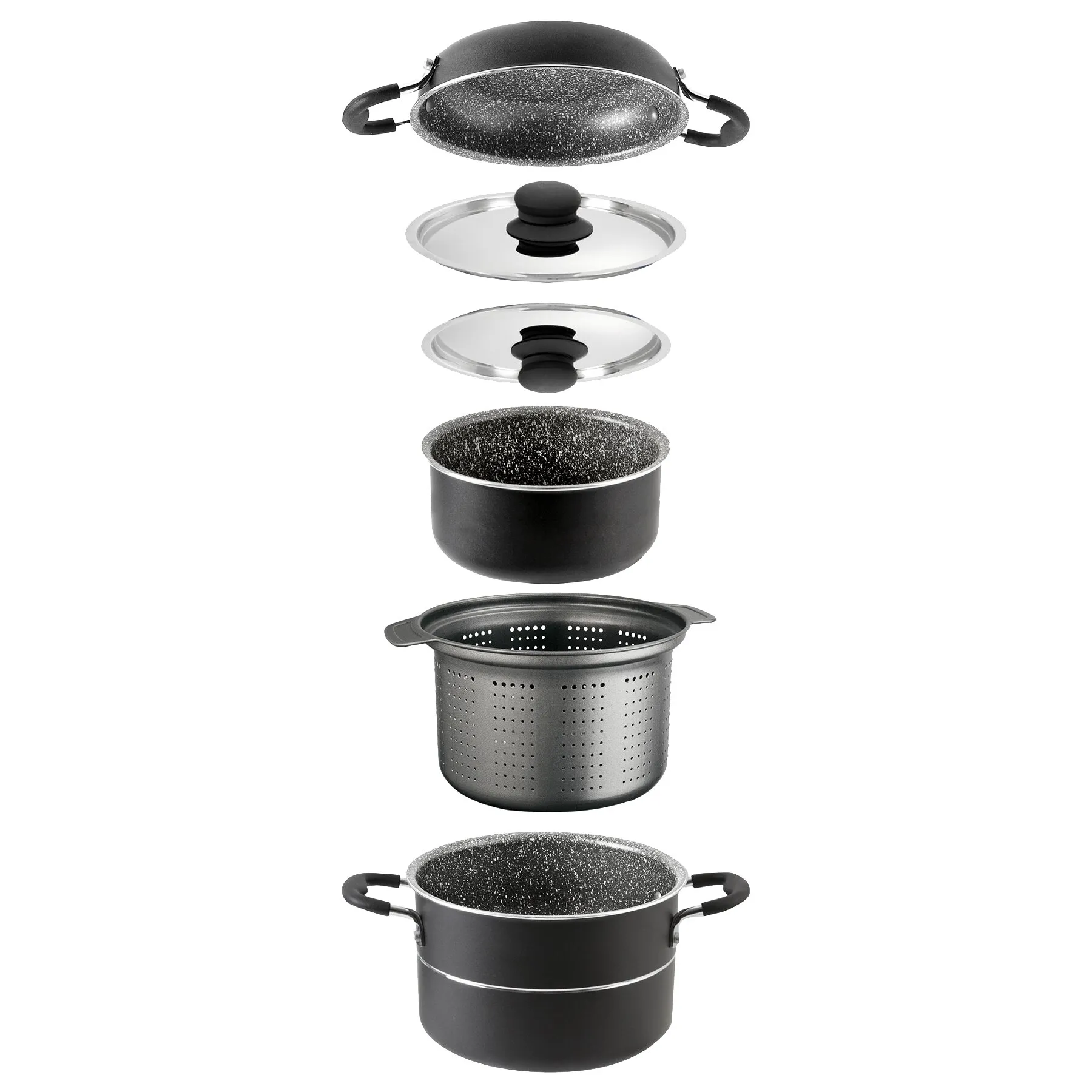 Schwarzes Topfset Pirate 7 + 1 mit zwei Töpfen, zwei Glasdeckeln, Pfanne, Siebeinsatz und abnehmbaren Griffen