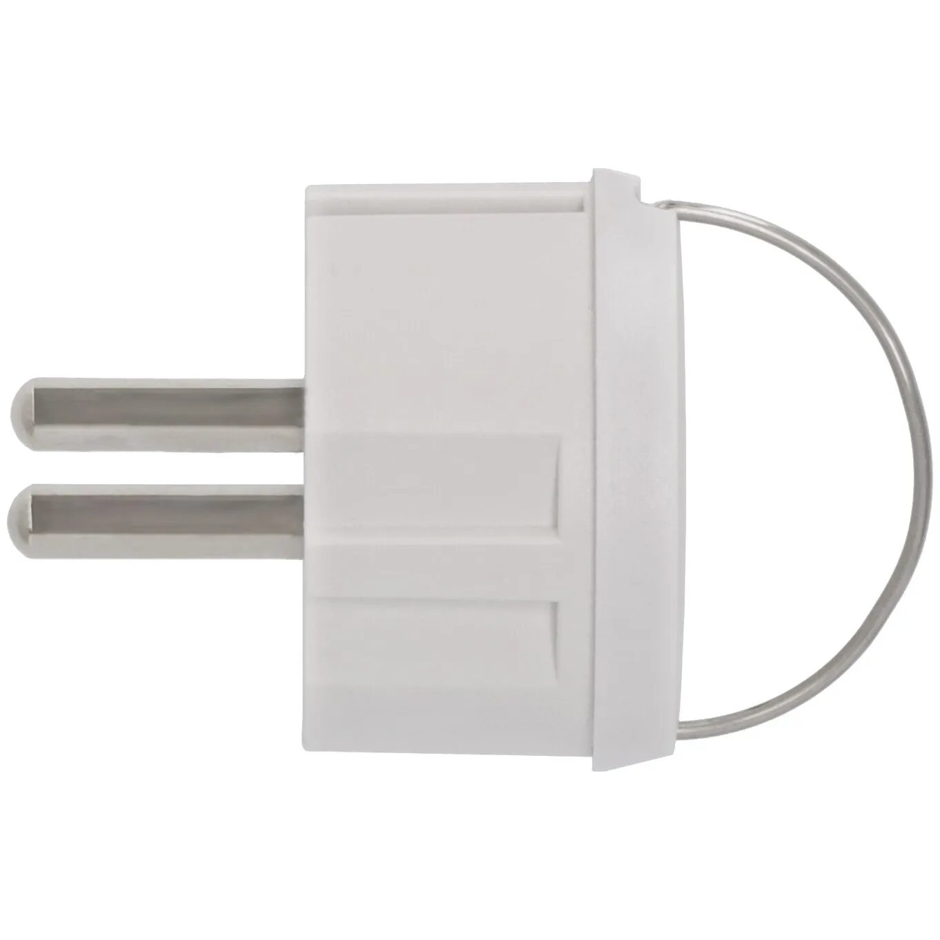 Weißer USB-C-Steckdosenadapter in Seitenansicht mit zwei Metallkontakten und fest verbundenem Kabelring