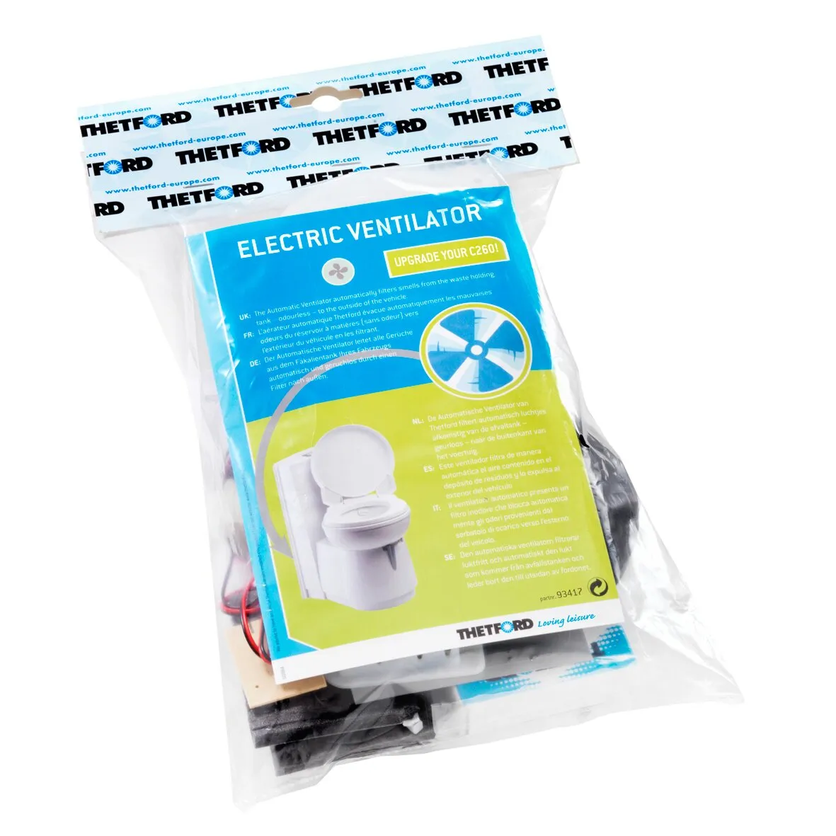 Thetford Elektrischer Ventilator Kit für C260 in transparenter Verpackung mit Anleitung, Lüfter und Anschlusskabeln