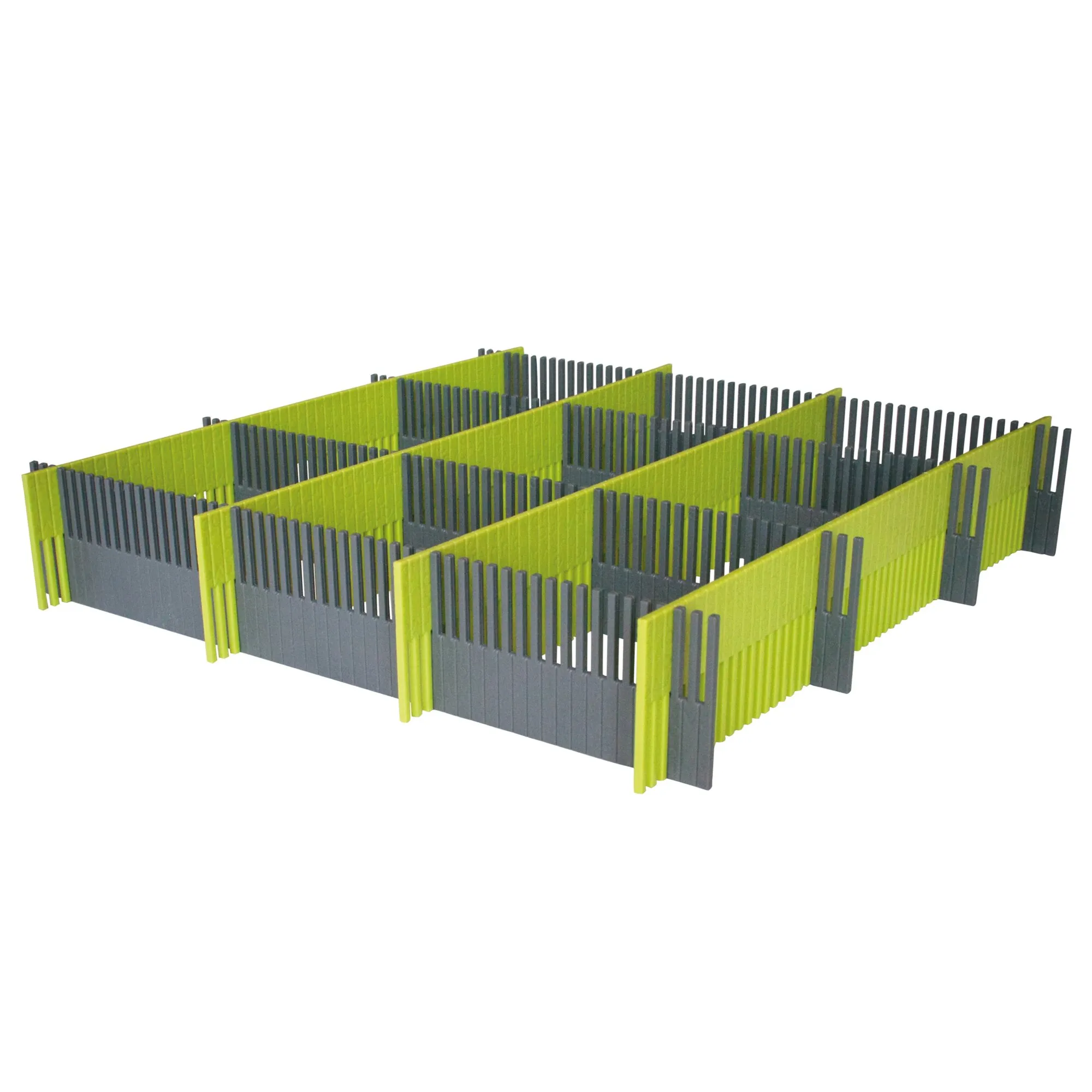 Limefarbene Stauleiste für Schubladen mit dunkelgrauen, senkrechten Verbindungsstegen in einem modularen Raster angeordnet