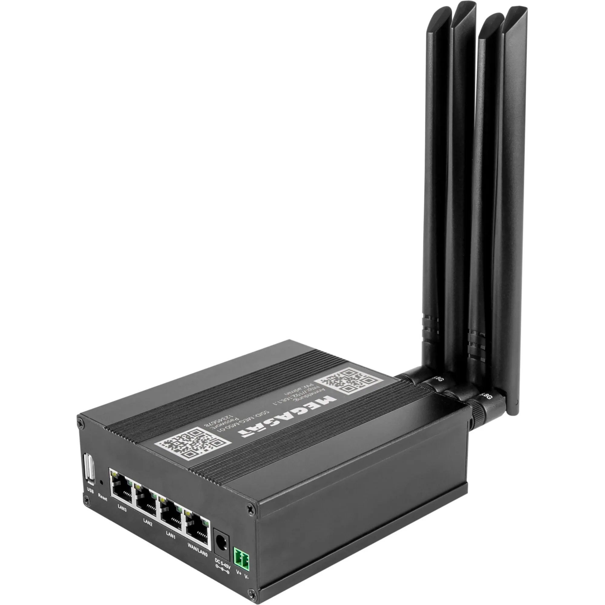 Schwarzer Megasat Camper Connected 5G Router mit vier LAN-Anschlüssen, USB-Port und vier aufrechten 5G-Antennen