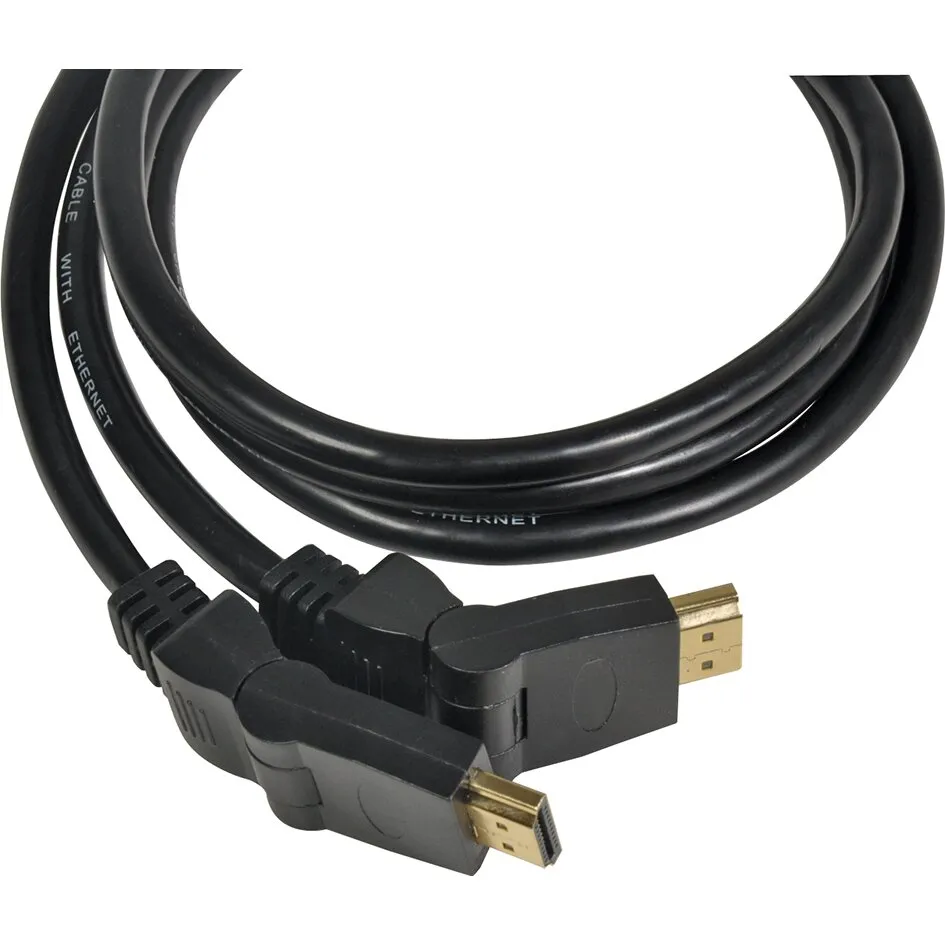 Schwarzes 1-m-HDMI-Kabel mit zwei abgewinkelten, goldfarbenen HDMI-Steckern, aufgewickelt auf weißem Hintergrund
