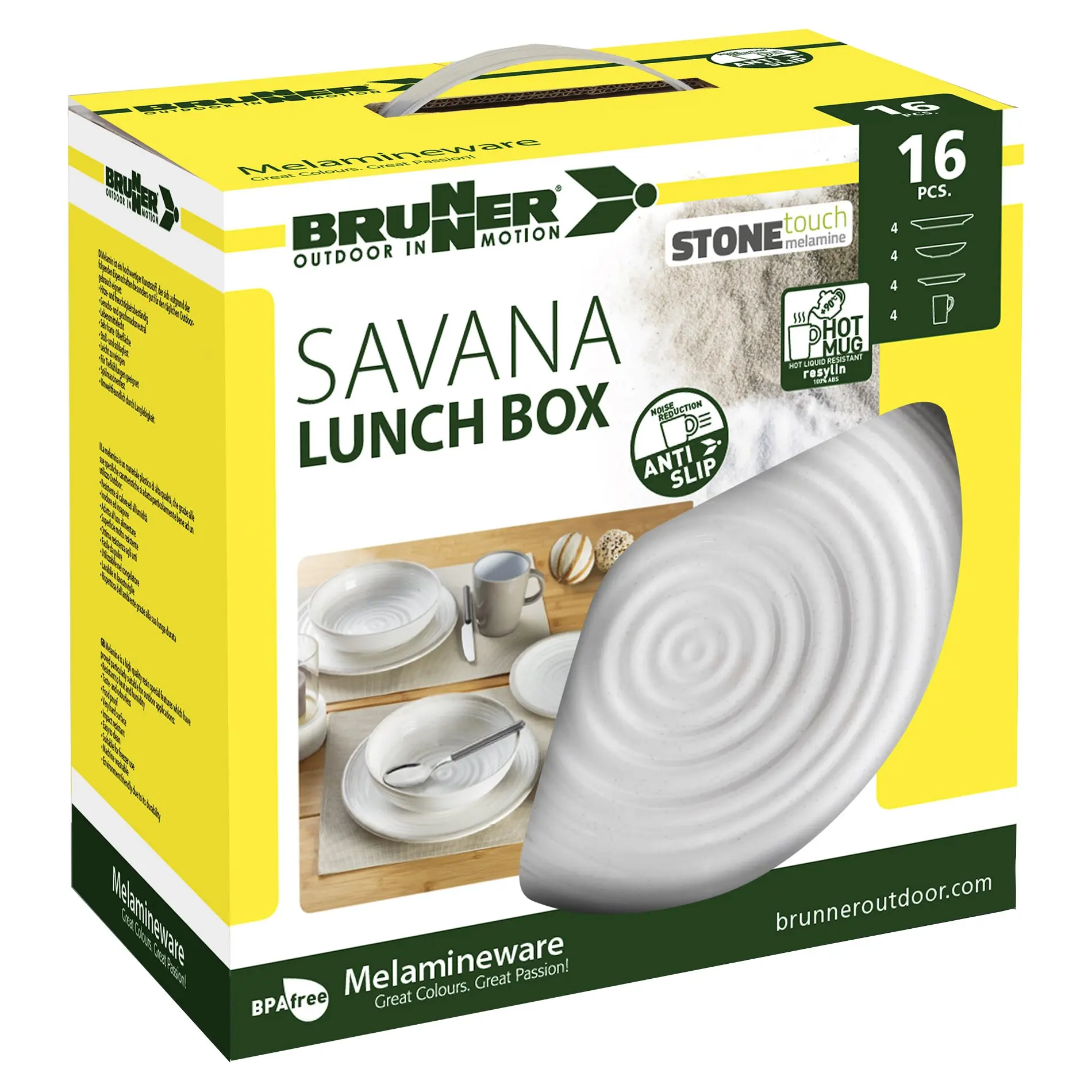 Gelb-grüne Verpackung eines 16-teiligen Savana Lunch Box Sets aus Melaminware; zeigt großen spiralförmigen Teller und weißes Geschirr
