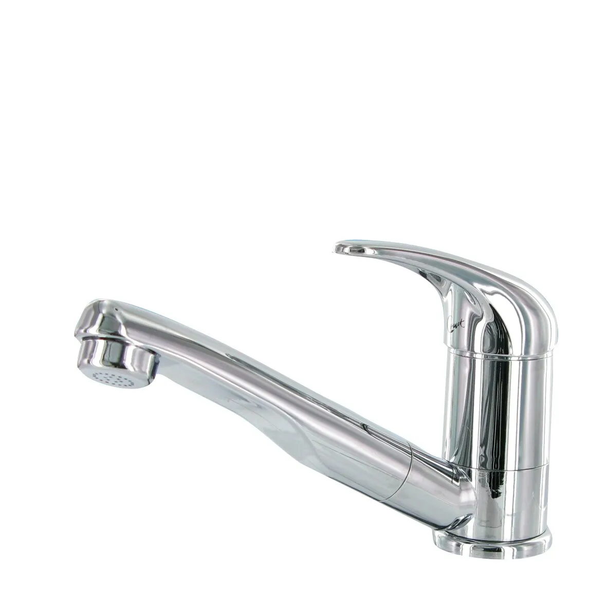 Wasserhahn Roma aus glänzendem Chrom mit gebogenem Auslauf und seitlichem Einhebelgriff in Seitenansicht
