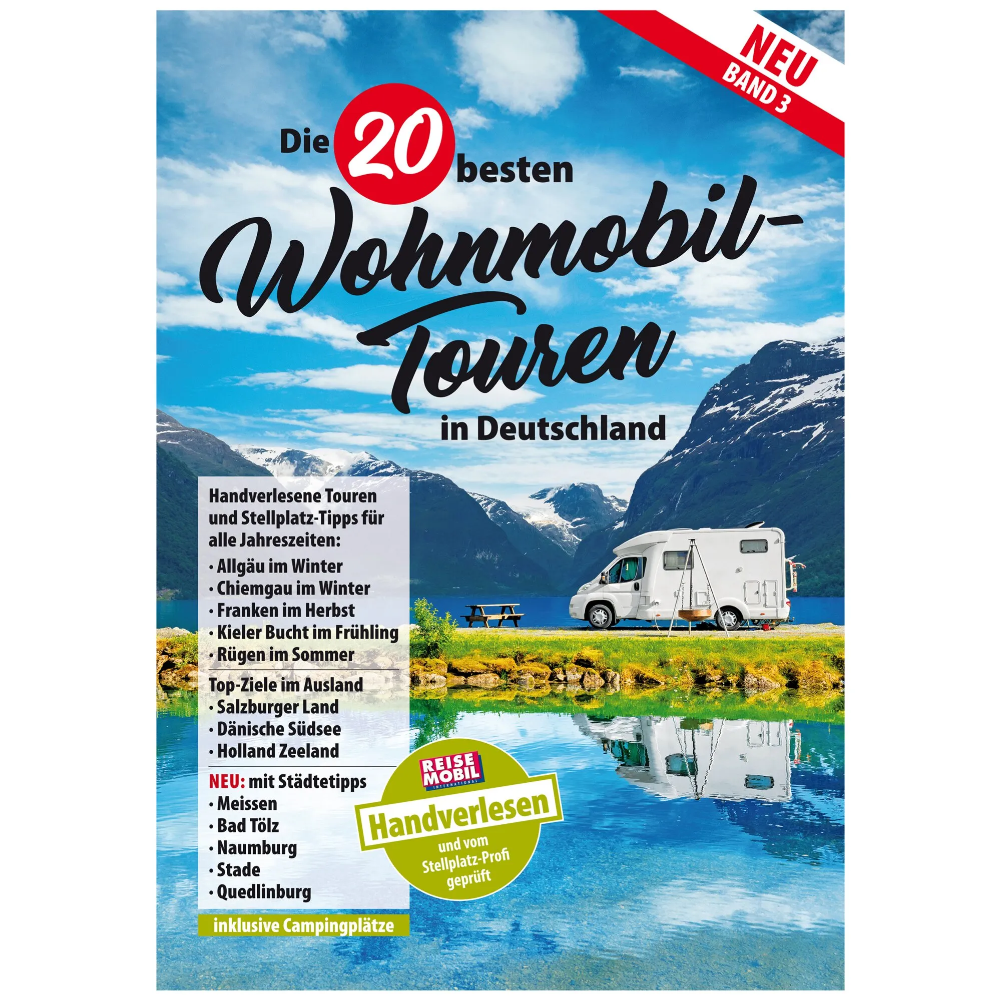 Cover des Reiseführers Wohnmobil-Touren Band 3 mit Wohnmobil am Bergsee und dem Titel Wohnmobil-Touren in Deutschland