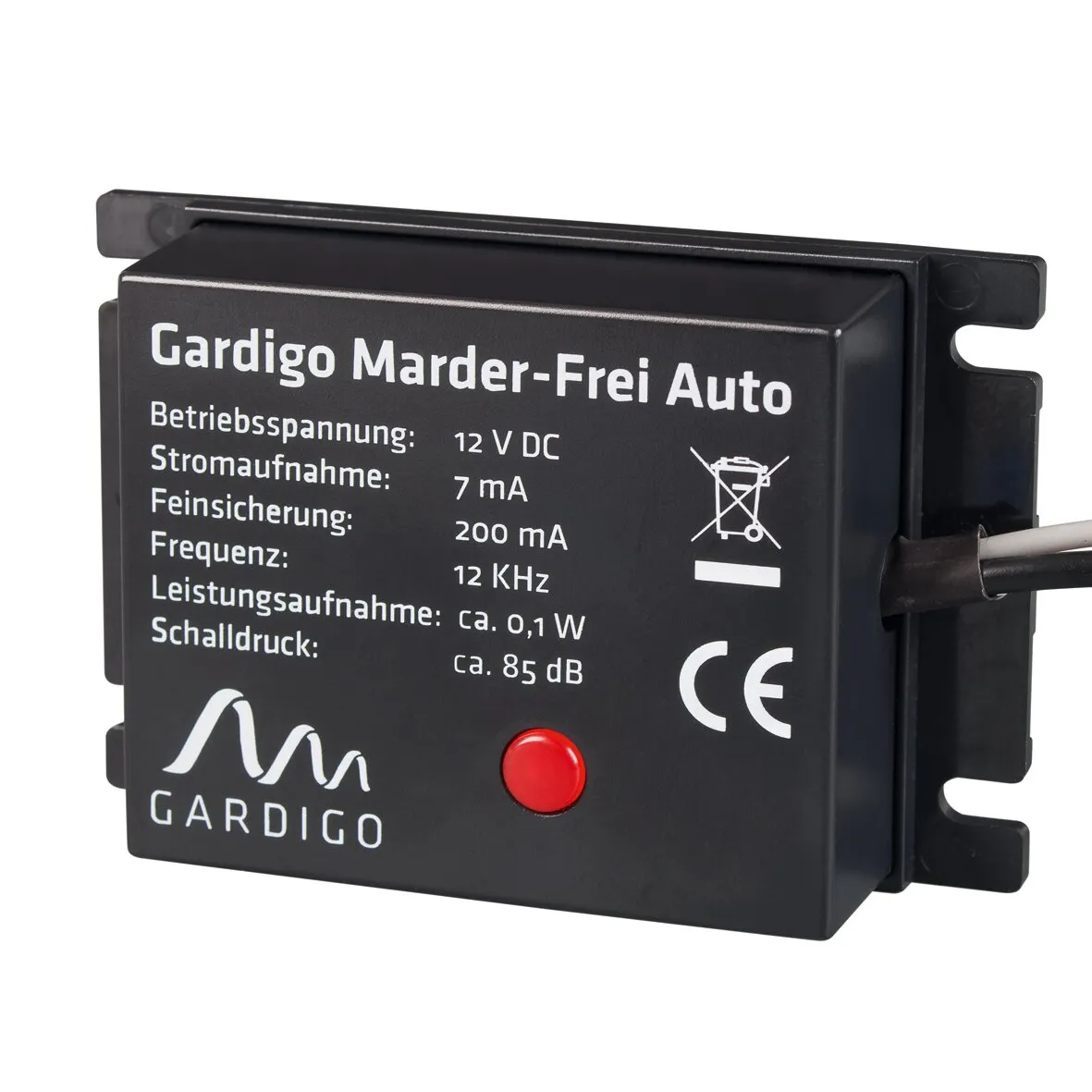 Schwarzes Gardigo Marder-Frei-Auto-Steuergerät mit roter Kontrollleuchte, Anschlusskabel und sichtbaren technischen Angaben geschniegelt
