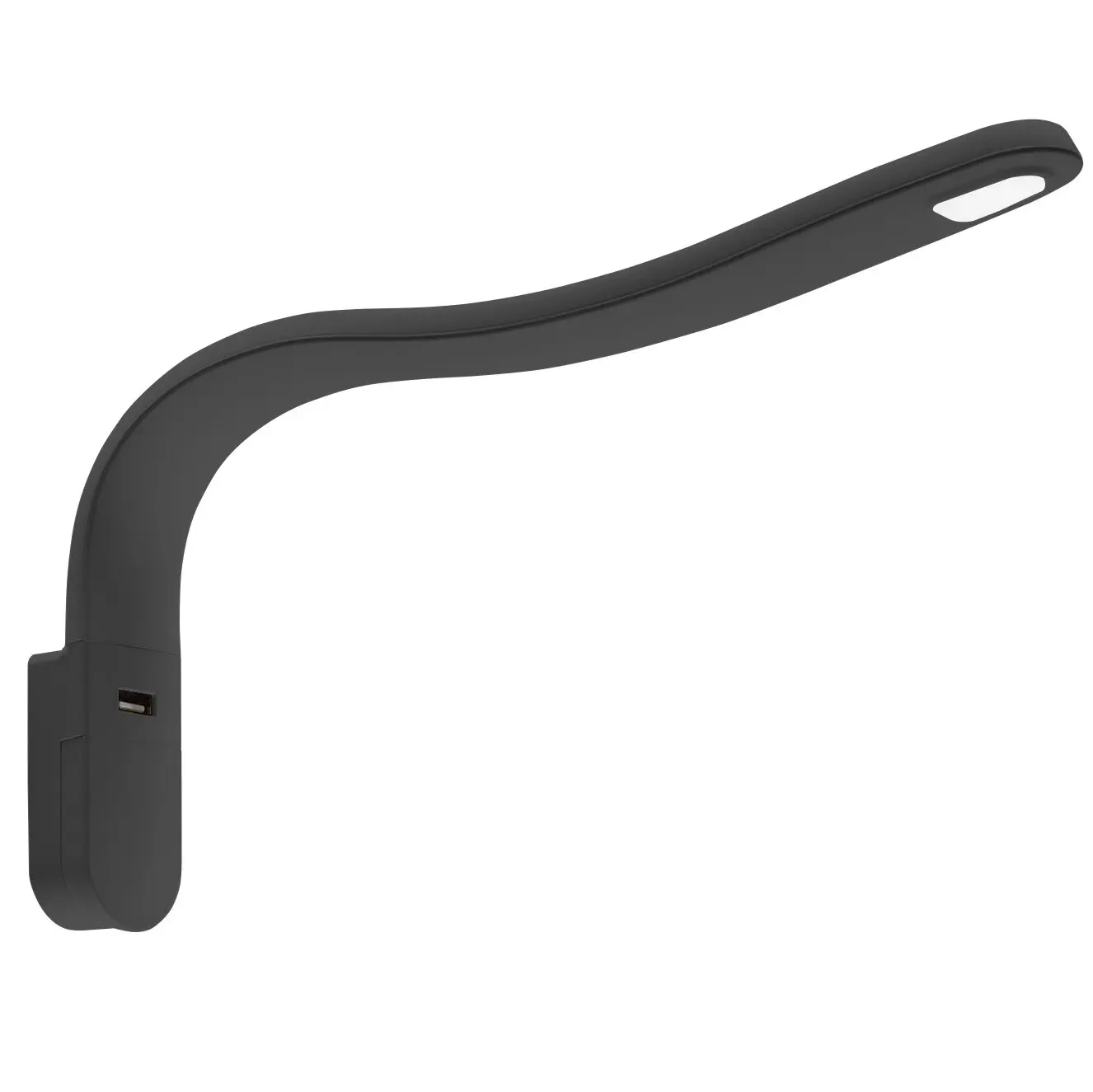 Schwarze Schwanenhalsleuchte mit langem gebogenen Arm, flachem Sockel, USB-Port an der Basis und weißem Diffusor am Lampenkopf