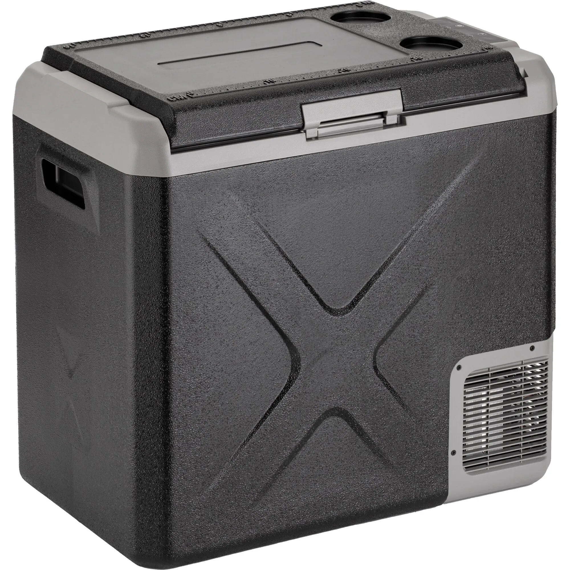 Schwarze Kühlbox Polarys Freeze SZ mit grauem Deckel, Tragegriffen, Getränkehaltern und seitlichem Lüftungsgitter, 50 Liter