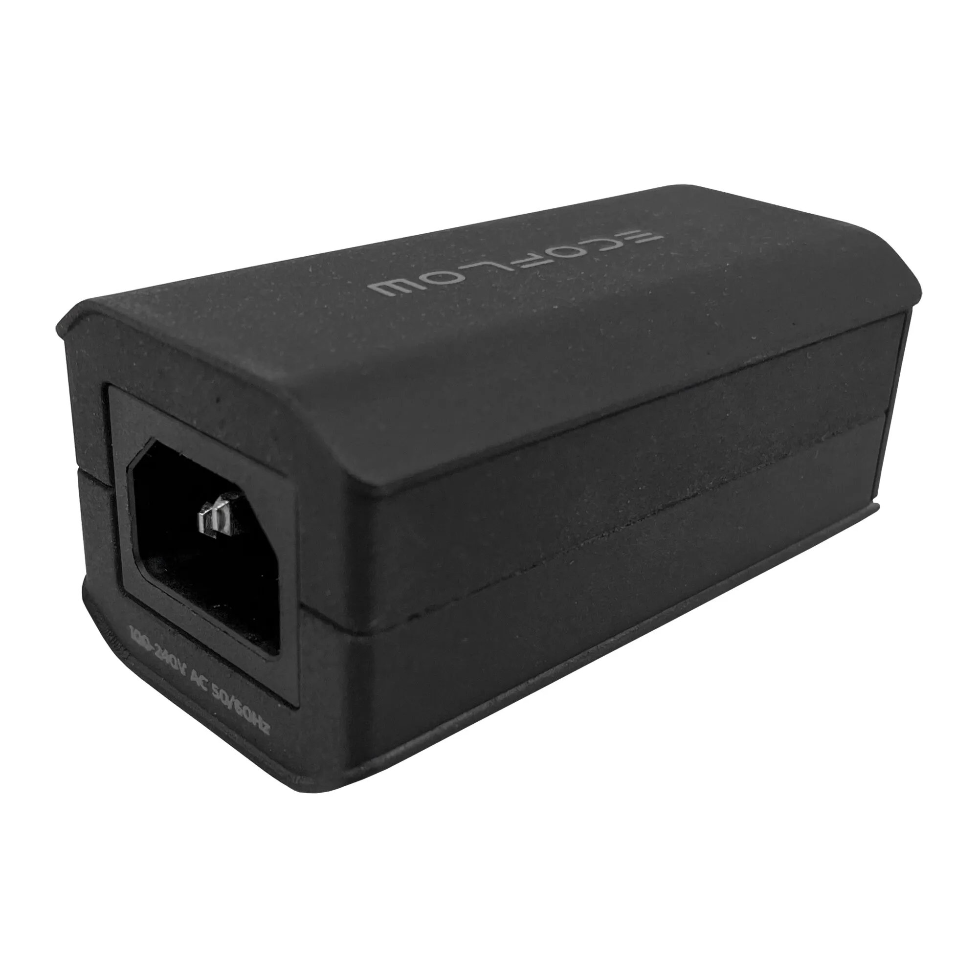 Schwarzer rechteckiger Landstromadapter mit seitlicher Anschlussbuchse und Aufdruck 16 A, 230 V, 50/60 Hz