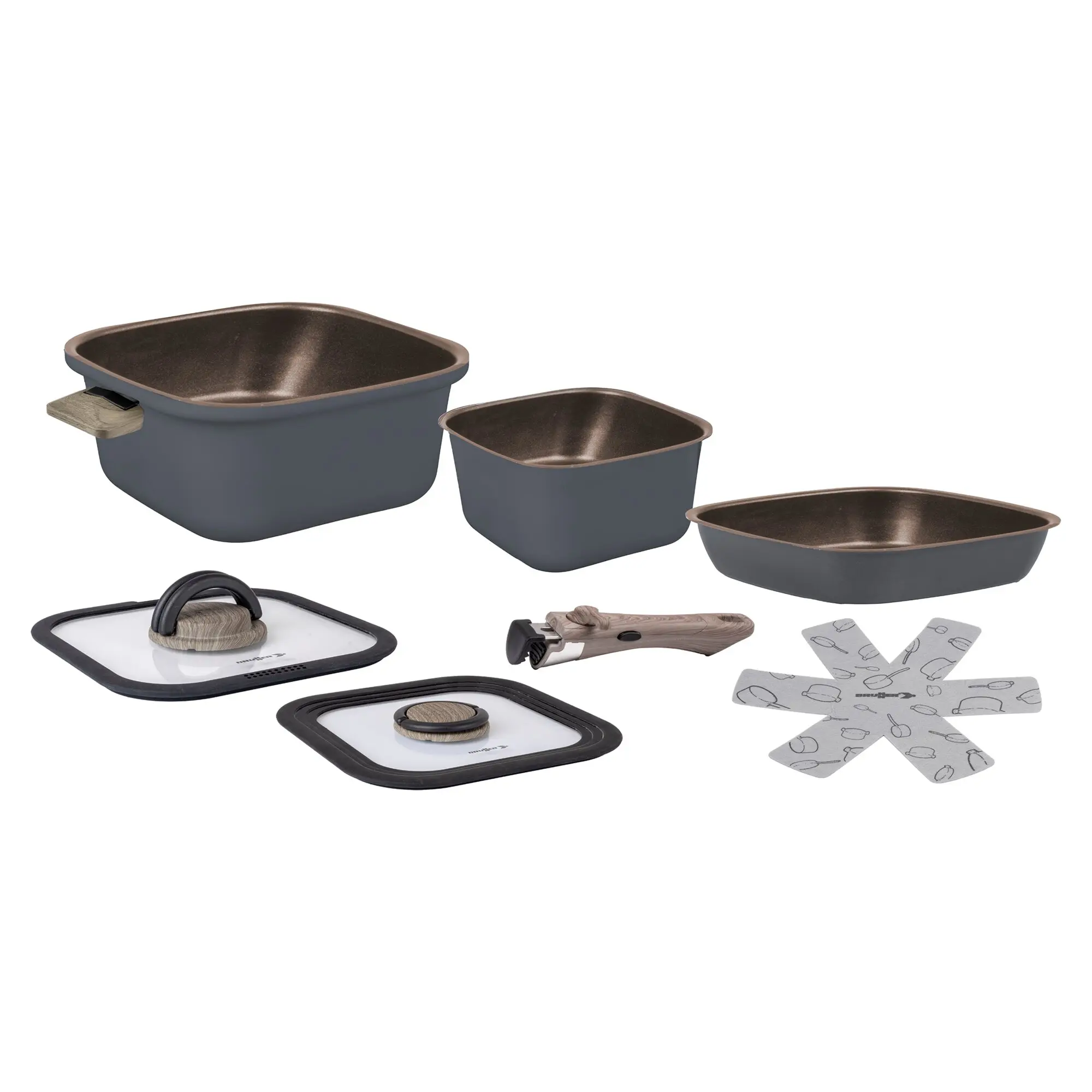 Torralta Square Topfset mit quadratischen Töpfen in grau mit kupferfarbener Innenbeschichtung, Deckel aus Glas mit Holzknauf