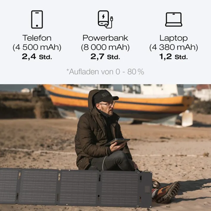 Ein Mann sitzt am Strand neben einem faltbaren Solarmodul aus dunklen Paneelen, er hält ein Tablet in der Hand, Boot im Hintergrund