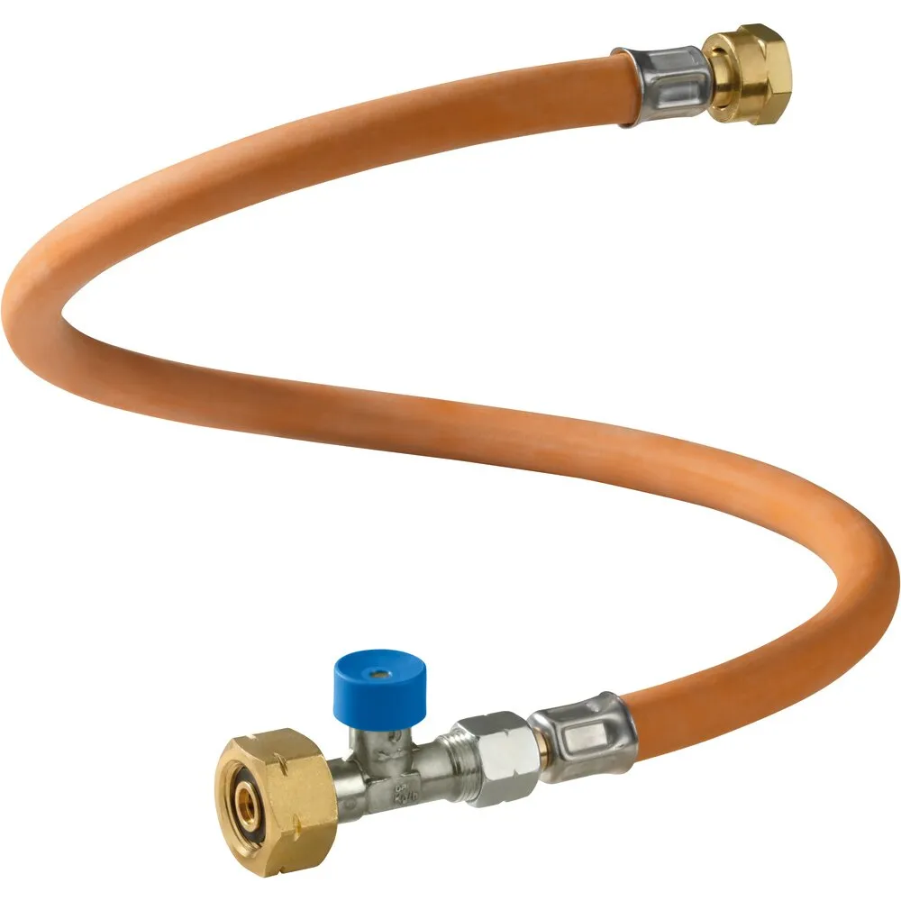 Orangefarbene Hochdruck-Schlauchleitung Caramatic ConnectDrive G.8 mit 750 mm Länge, Messinganschlüssen und blauem Absperrventil