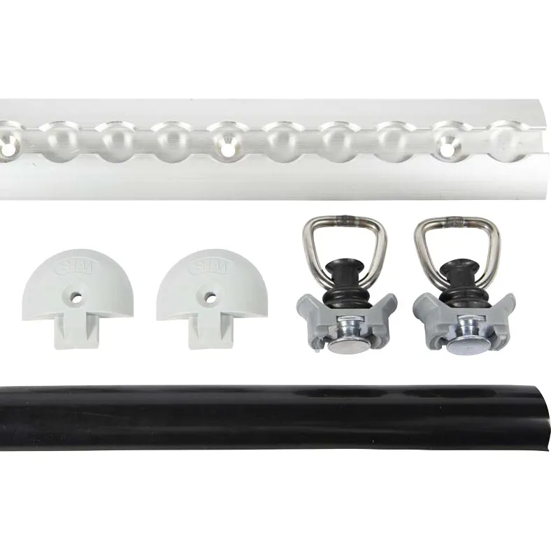 Alu-Befestigungsschienen-Set, rund: silberne Alu-Schiene, zwei weiße Endkappen, zwei Halter mit Gummipuffern, schwarzes Rohr