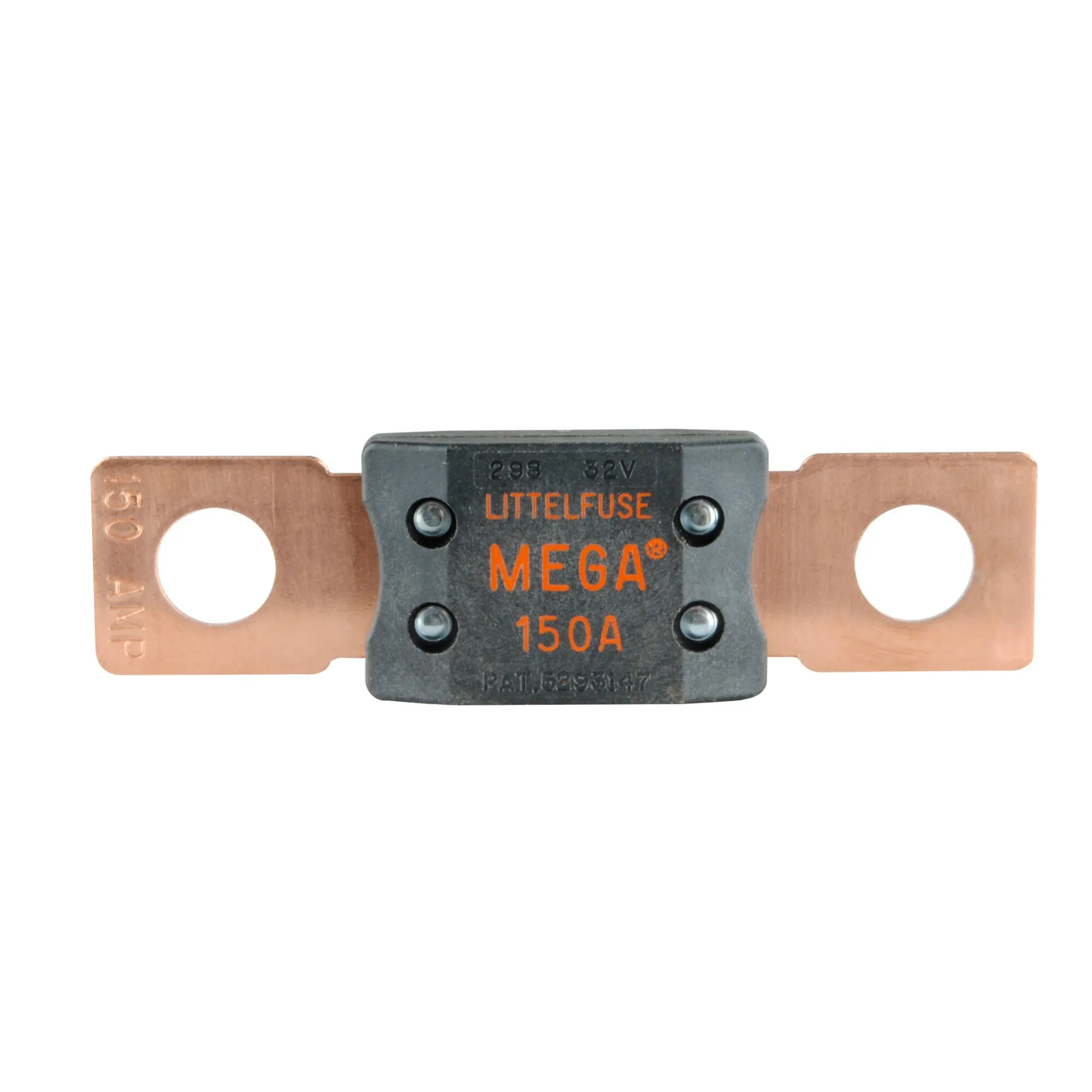 Kupferfarbene Streifensicherung Littelfuse MEGA 150 A mit schwarzem Gehäuse und zwei Befestigungsösen