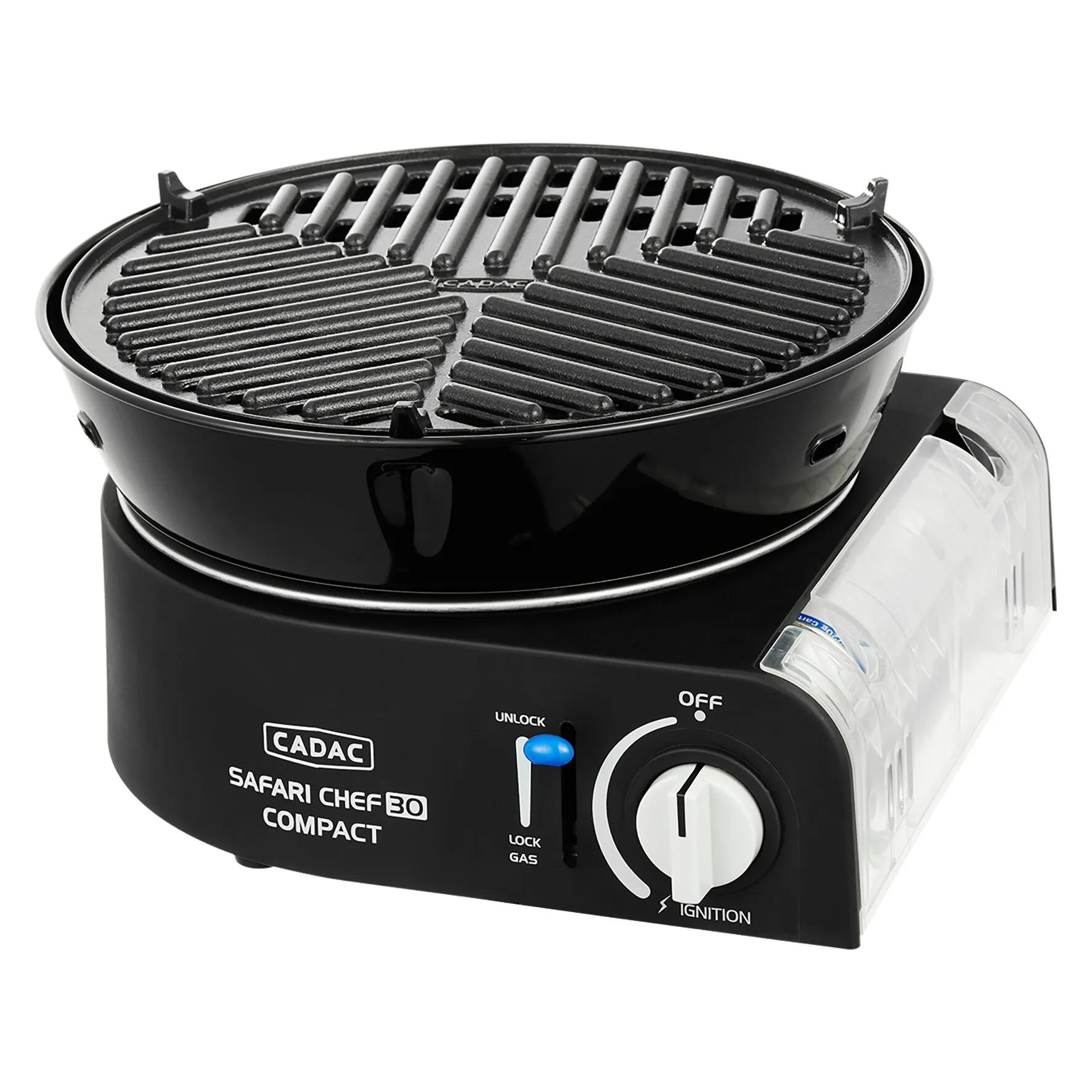 Schwarzer kompakter Gasgrill CADAC Safari Chef 30 mit gerippter Grillplatte, Gasregler und transparenter Kartuschenabdeckung