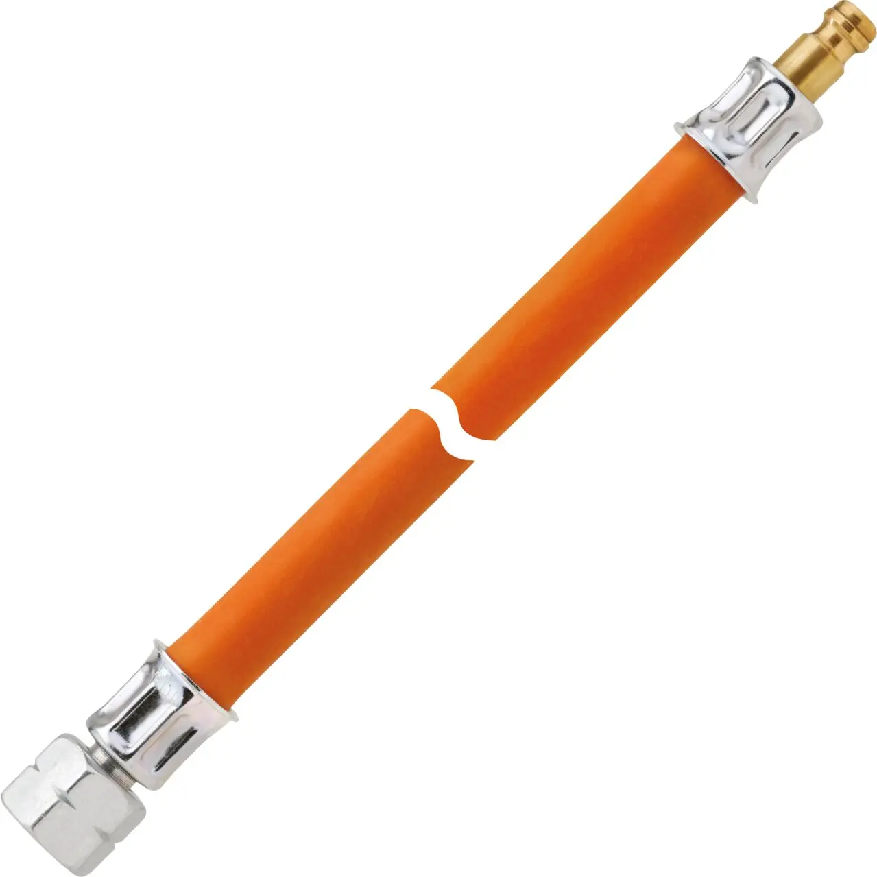 Orangefarbene Gas-Hochdruckschlauchleitung mit silbernen Metallanschlüssen und Messing-Stecknippel, 5000 mm