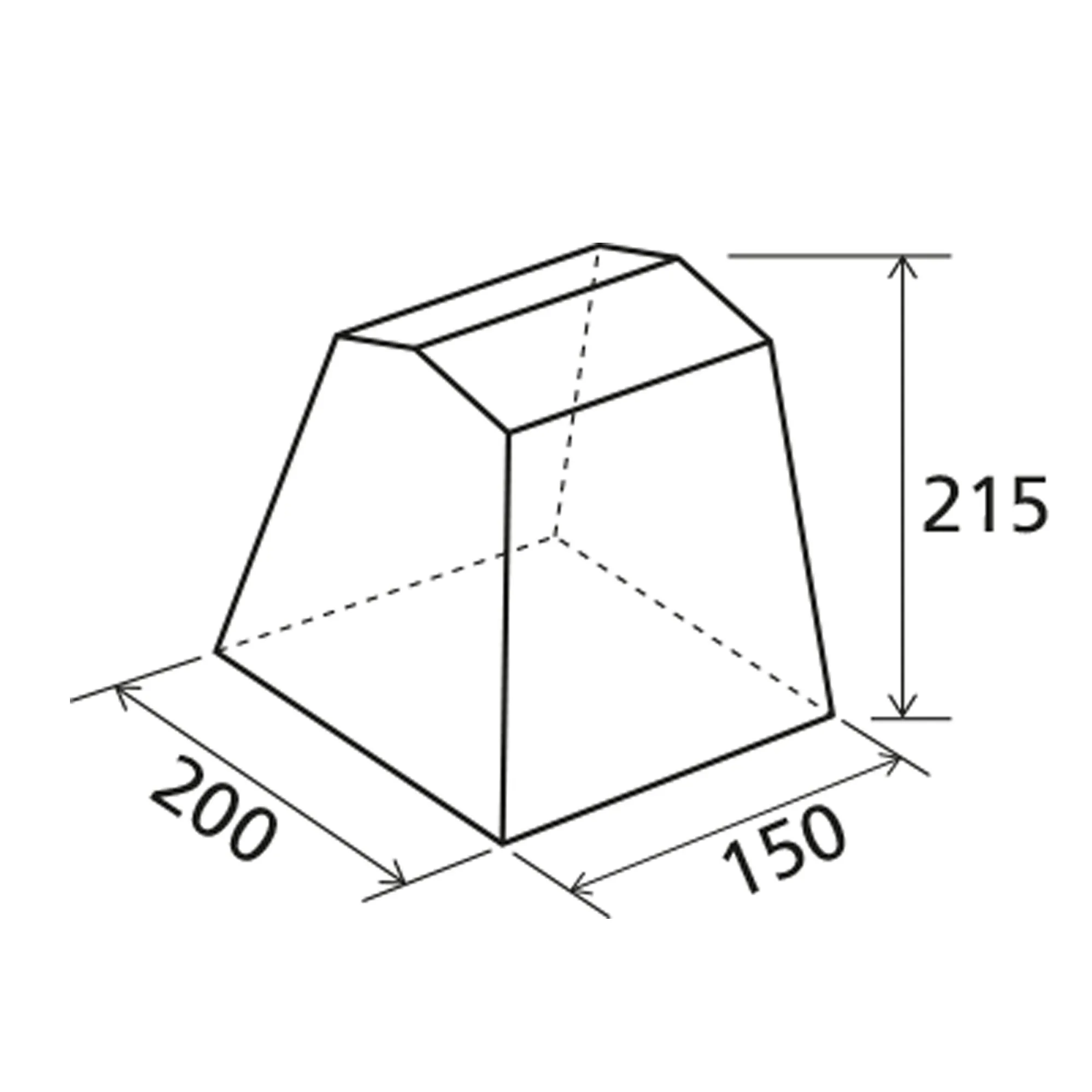 Technische Zeichnung des Küchenzelts Gusto II NG mit trapezförmigem Aufbau und Maßangaben: 200 × 150 cm Grundfläche, 215 cm Höhe