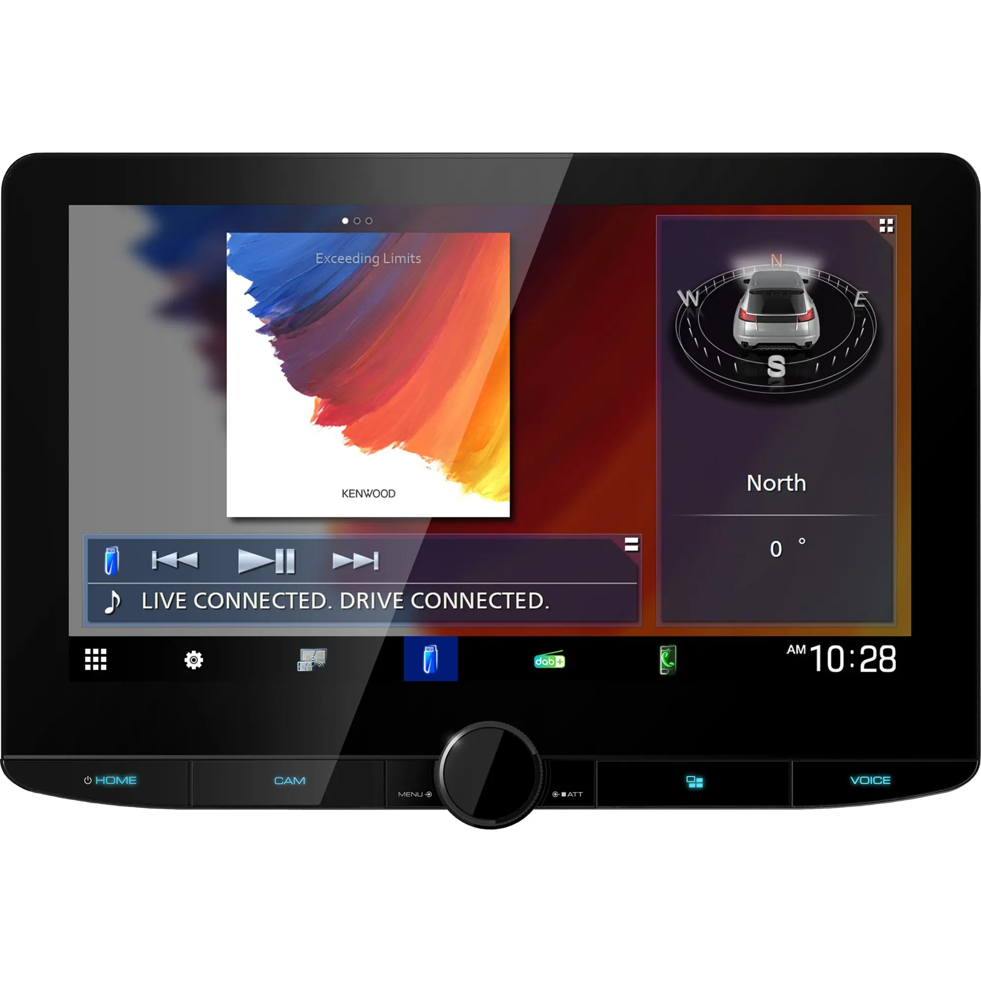 Kenwood DMX9720XDS-CAMPER Moniceiver mit großem Touchscreen, schwarzer Rahmen, farbige App-Kacheln und Navigationsanzeige
