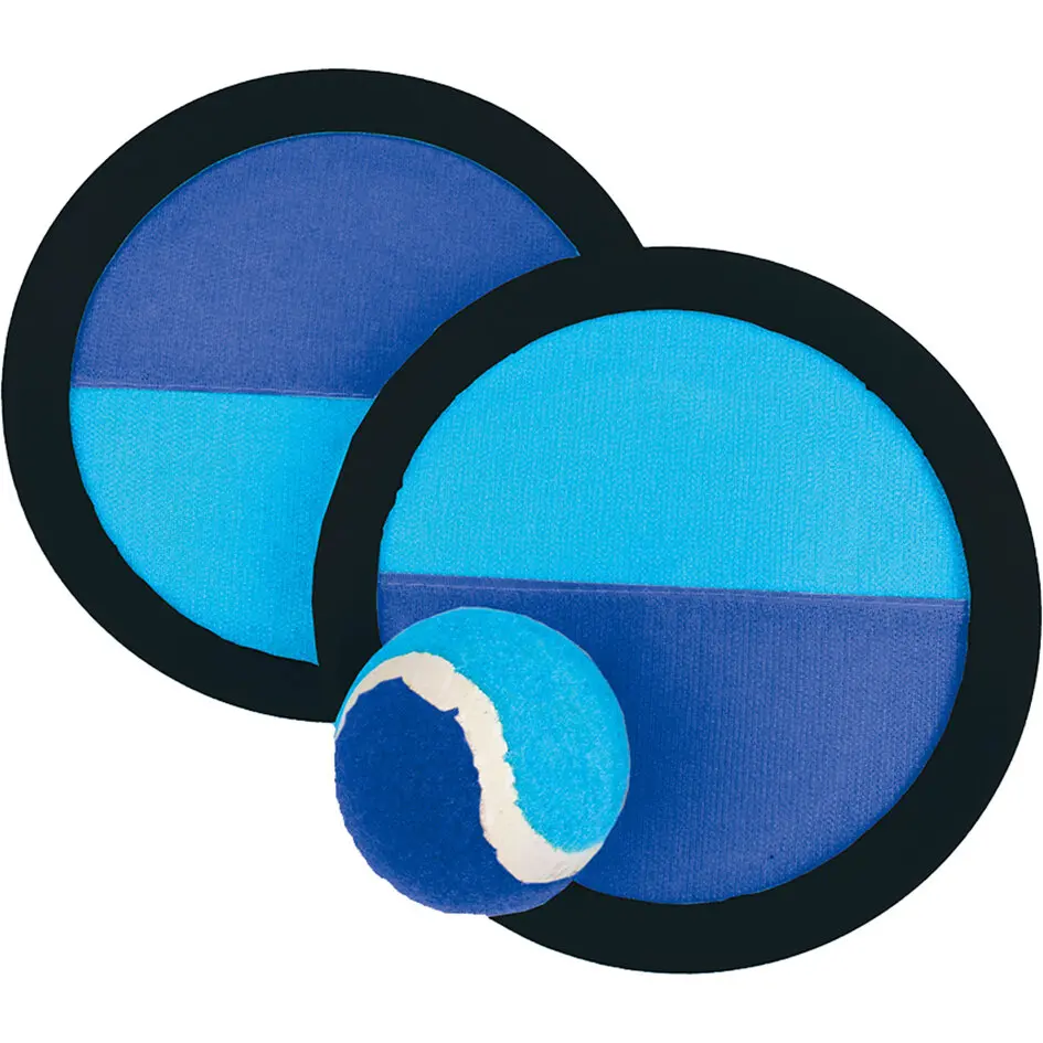 Zwei runde Klettball-Fangscheiben mit schwarzem Rand und blau geteiltem Innenstoff, davor ein weicher blauer Filzball mit weißer Naht