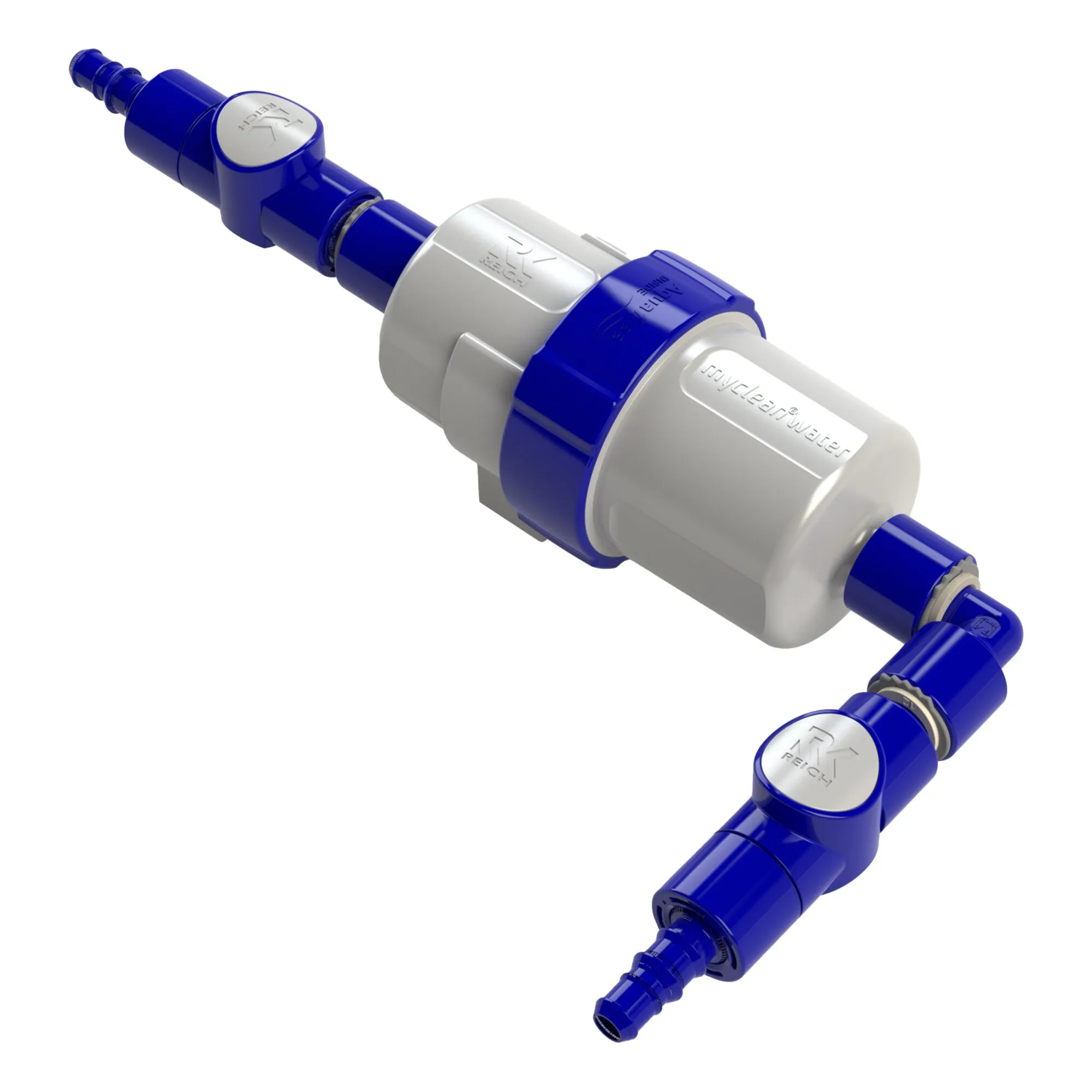 myclean®water Wasserfilter-Einbauset mit weiß-blauem Filtergehäuse sowie geradem und gewinkeltem Anschluss
