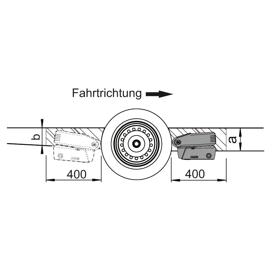Technische Seitenansicht des Rangiersystems Ranger am Caravan mit Rad, Antriebseinheiten, Fahrtrichtungspfeil und 400-mm-Maßen