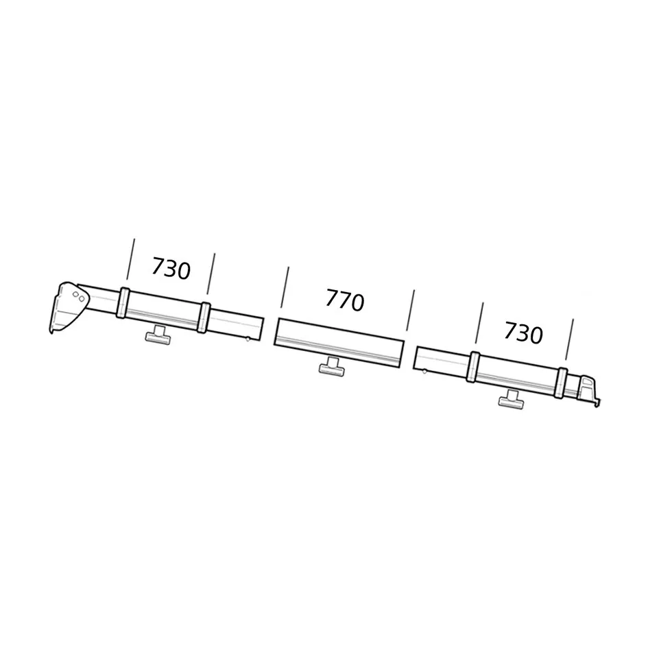 Klemmprofil Thule Residence/Panorama rechts, technische Darstellung mit drei Profilsegmenten und Längenangaben 730, 770 und 730 Millimeter
