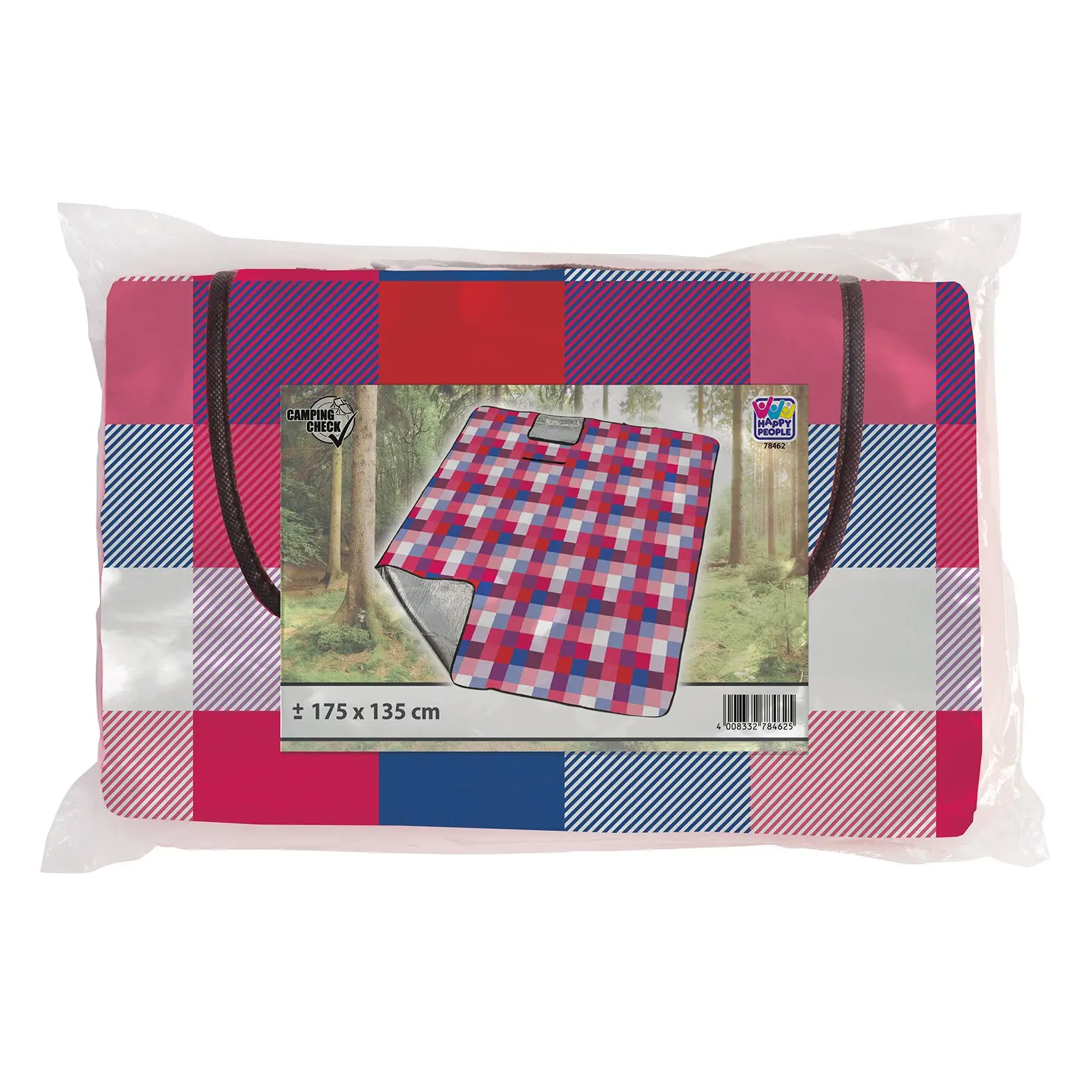 Picknickdecke mit buntem Rosa-Rot-Blau-Karomuster, verpackt in transparentem Beutel; Etikett zeigt Waldkulisse und farbige Decke, Maße 175 × 135 cm