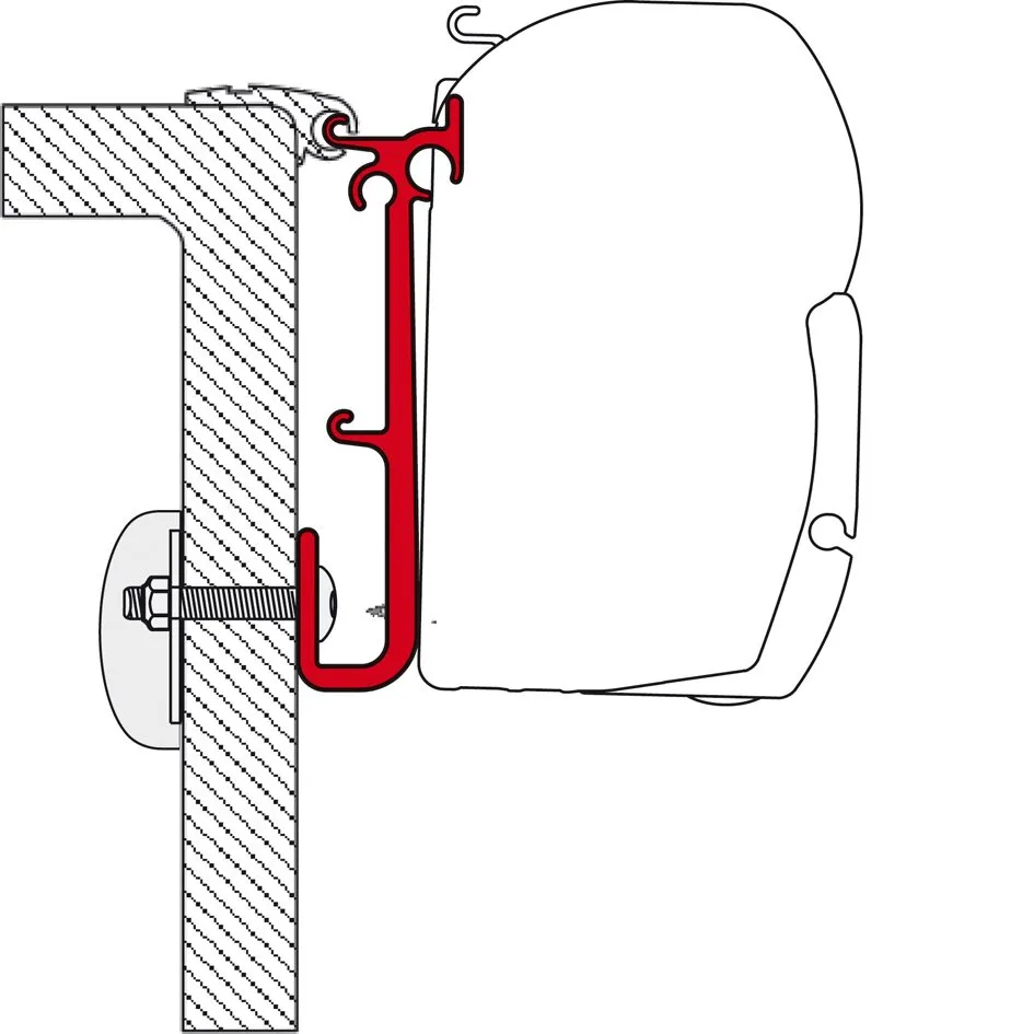 Seitliche technische Darstellung des roten Markisenadapters für das Caravan-Markisenadapter-Kit F45 mit montiertem Markisengehäuse