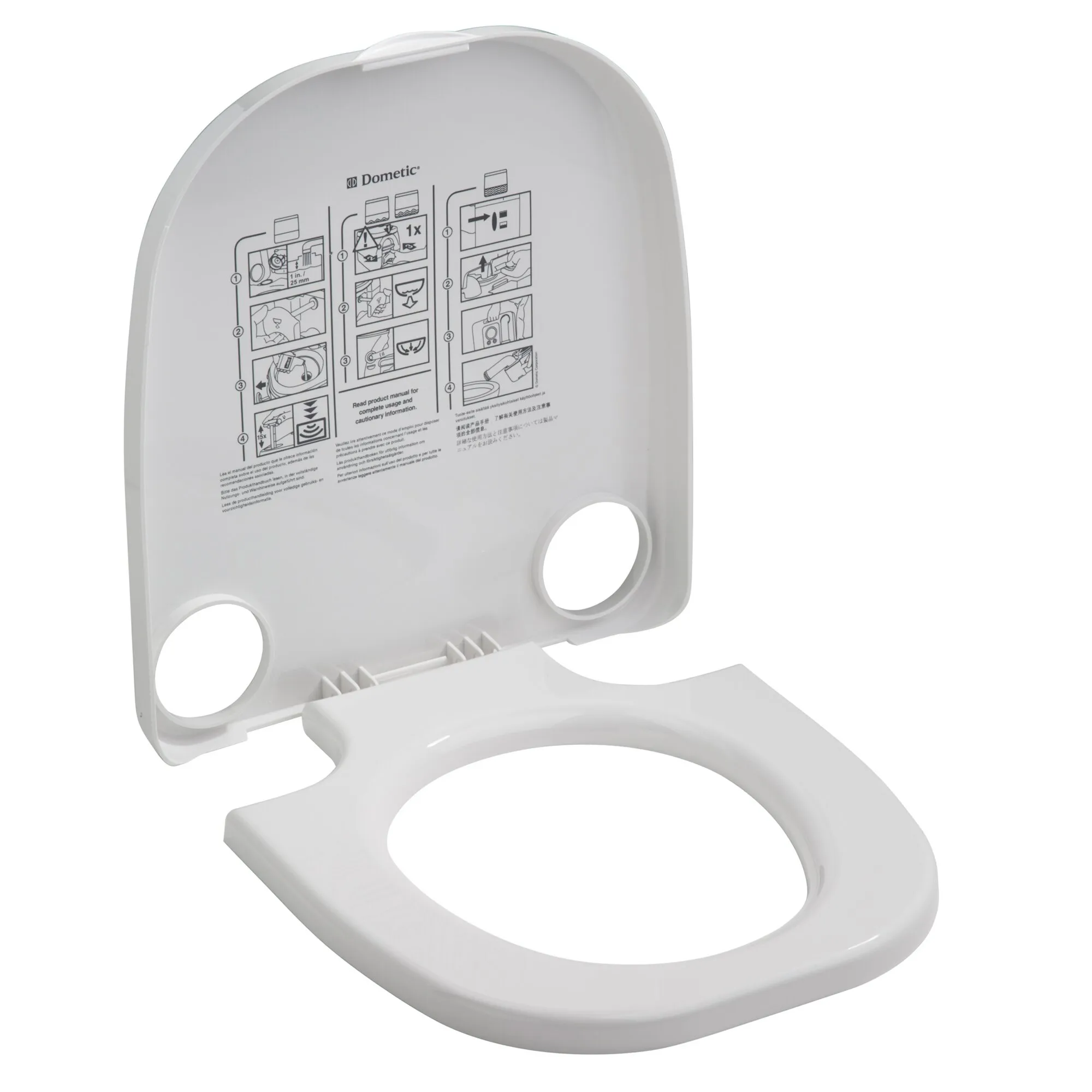 Weißer Dometic Toilettendeckel mit Sitz, aufgeklappt und mit sichtbarer Montage- und Bedienungsanleitung an der Innenseite