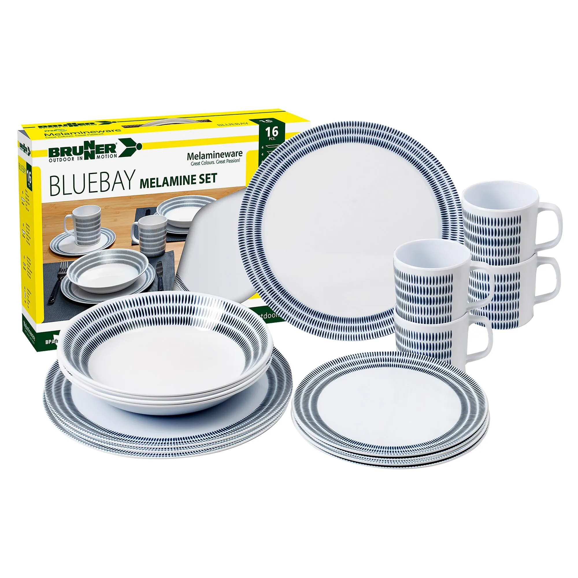 Geschirrset Bluebay von Brunner aus weißem Melamin mit blauem Muster, Tellern, Schalen und vier Tassen sowie Verpackung