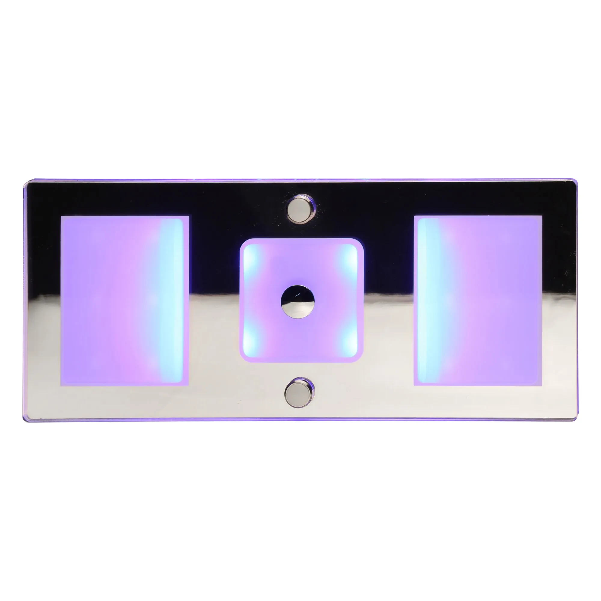 Rechteckige Deckenleuchte Nightlight 3 mit drei violett und blau leuchtenden Lichtflächen sowie zwei runden Befestigungselementen