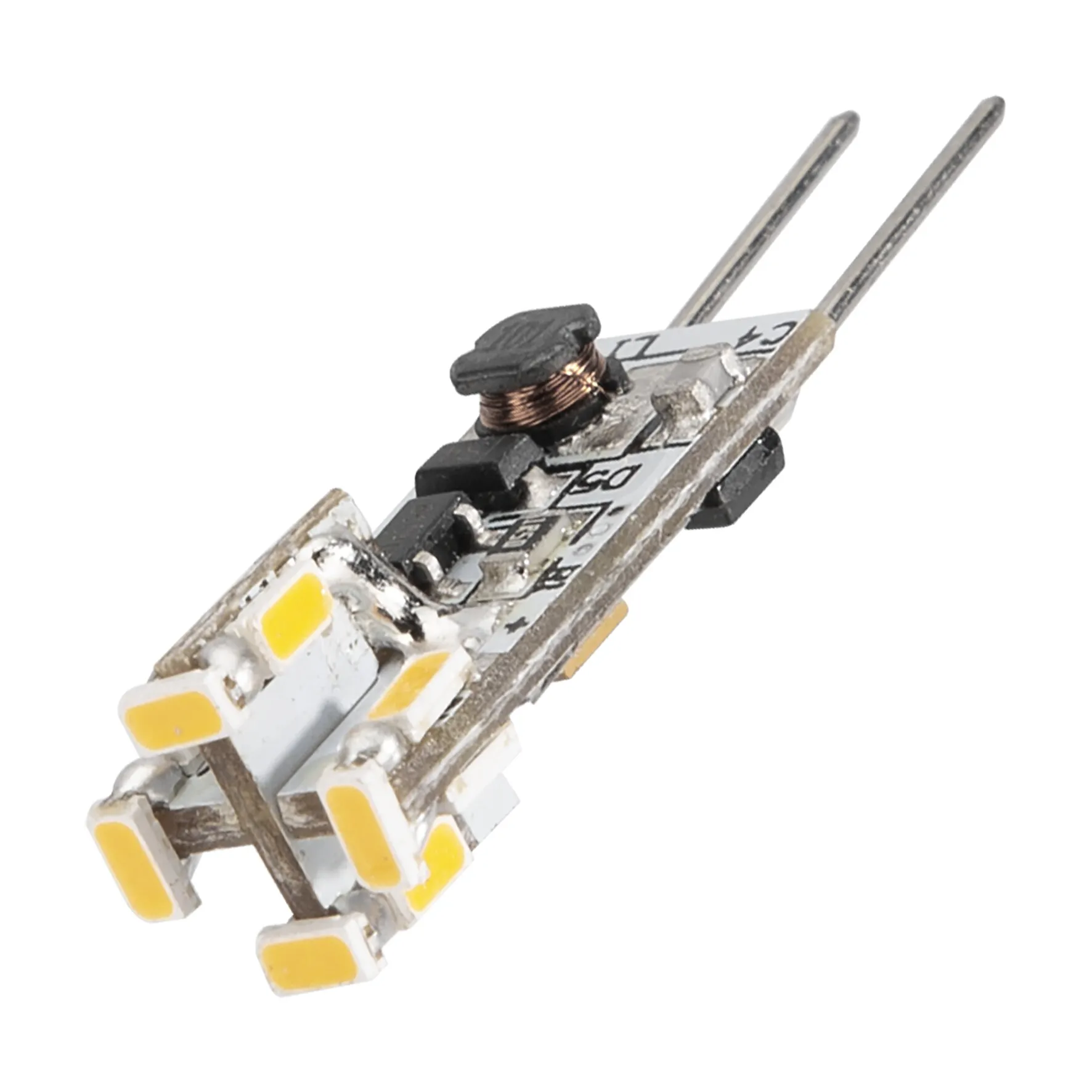LED-Leuchtmittel G4 mit 0,60 W, rechteckige Bauform, mehreren gelben LED-Chips und zwei langen Anschlussstiften