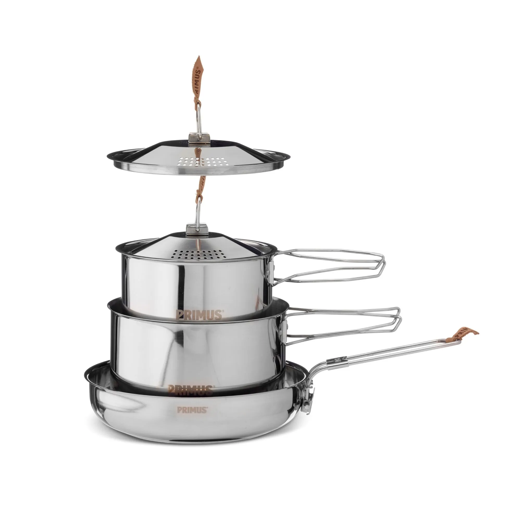 Primus Kochtopf-Set Campfire S aus Edelstahl mit drei ineinander stapelbaren Töpfen, Pfanne, Siebeinsätzen und Klappgriffen