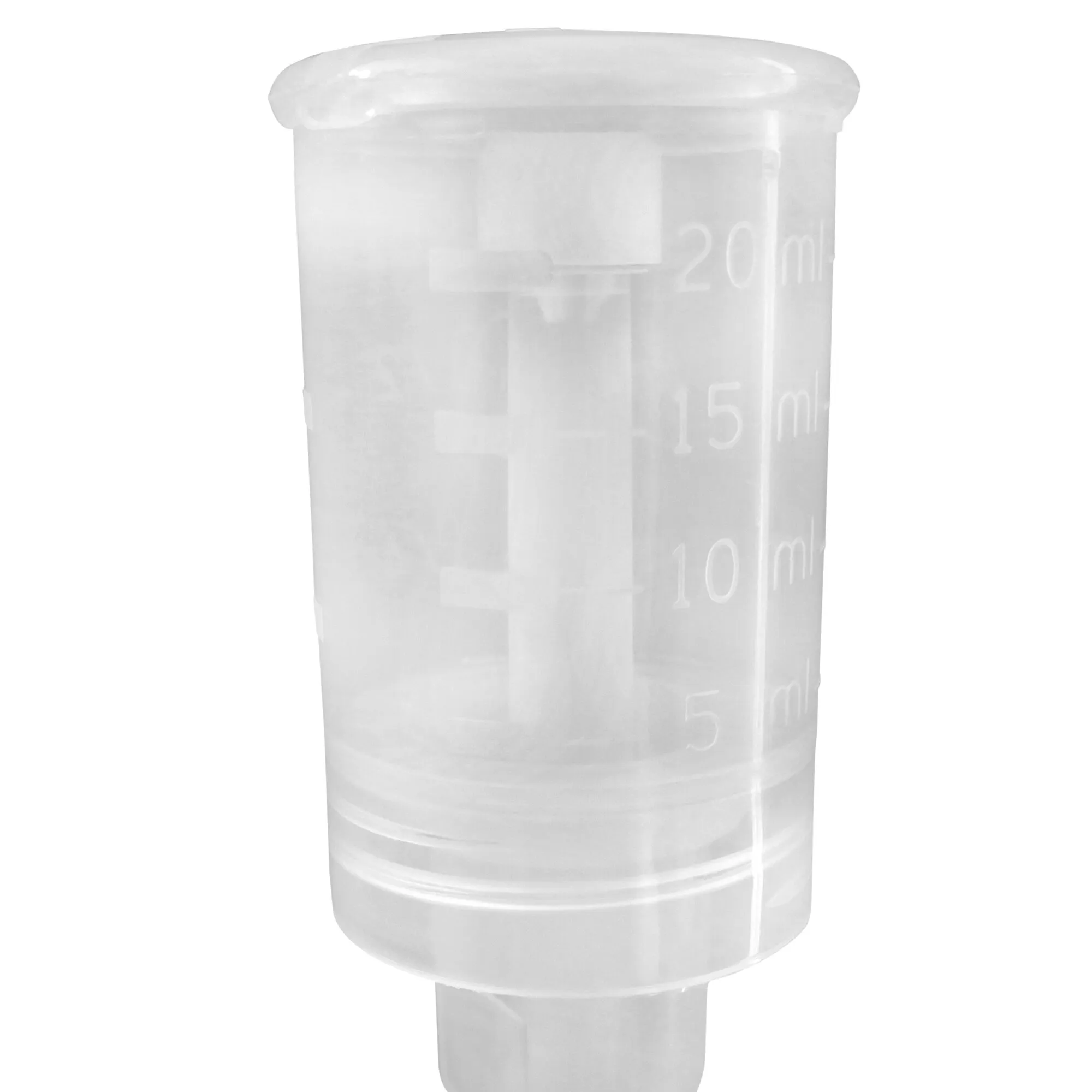 Transparenter Dosierbecher von awiwa mit Messskala für 5, 10, 15 und 20 Milliliter sowie zylindrischem Ausgießaufsatz