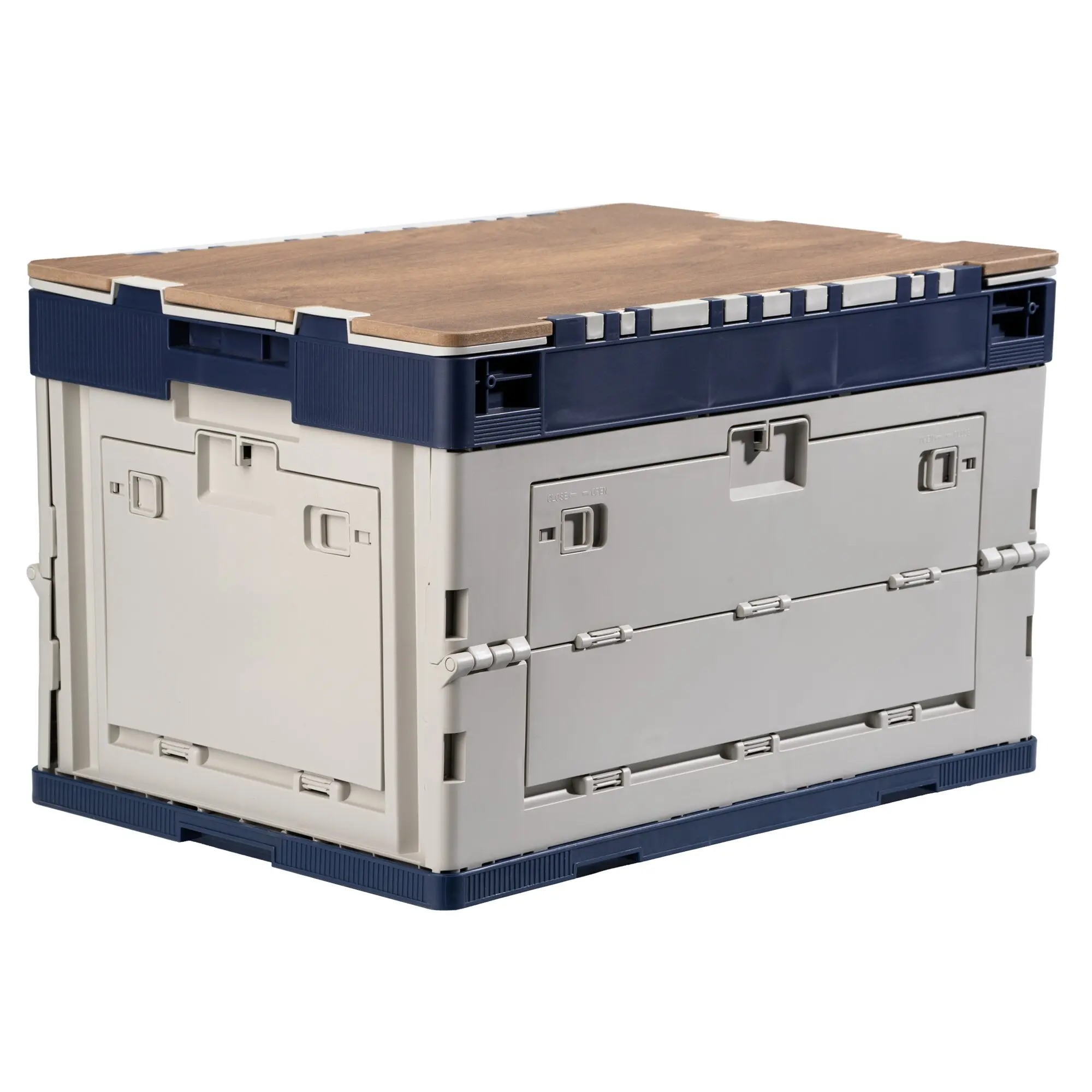 65-Liter klappbare Transportbox aus Kunststoff, blaues Unterteil mit grauen Details, Holzoptik-Deckel und seitliche Verriegelungen