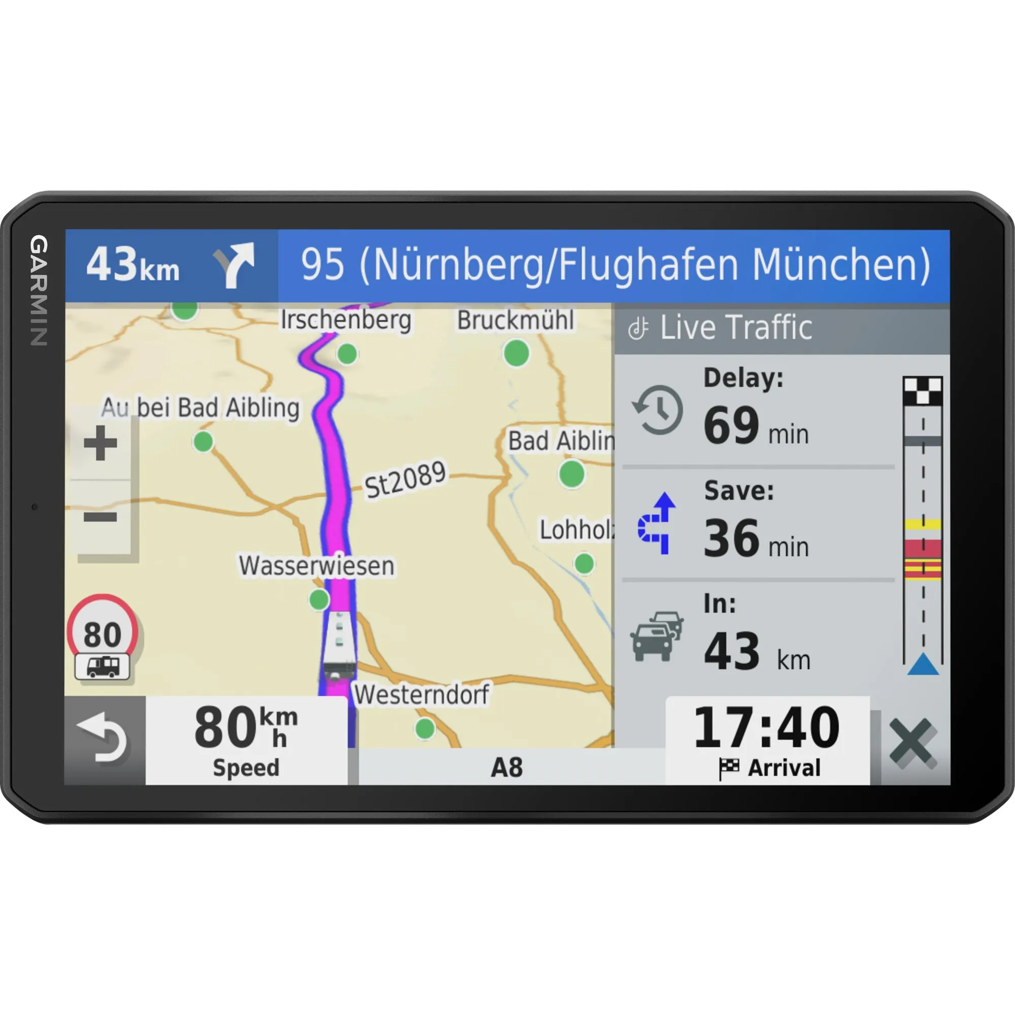Garmin VIEO RV Bedienteil mit schwarzem 8-Zoll-Display, Navigationskarte, Abbiegehinweis und Live-Verkehrsdaten