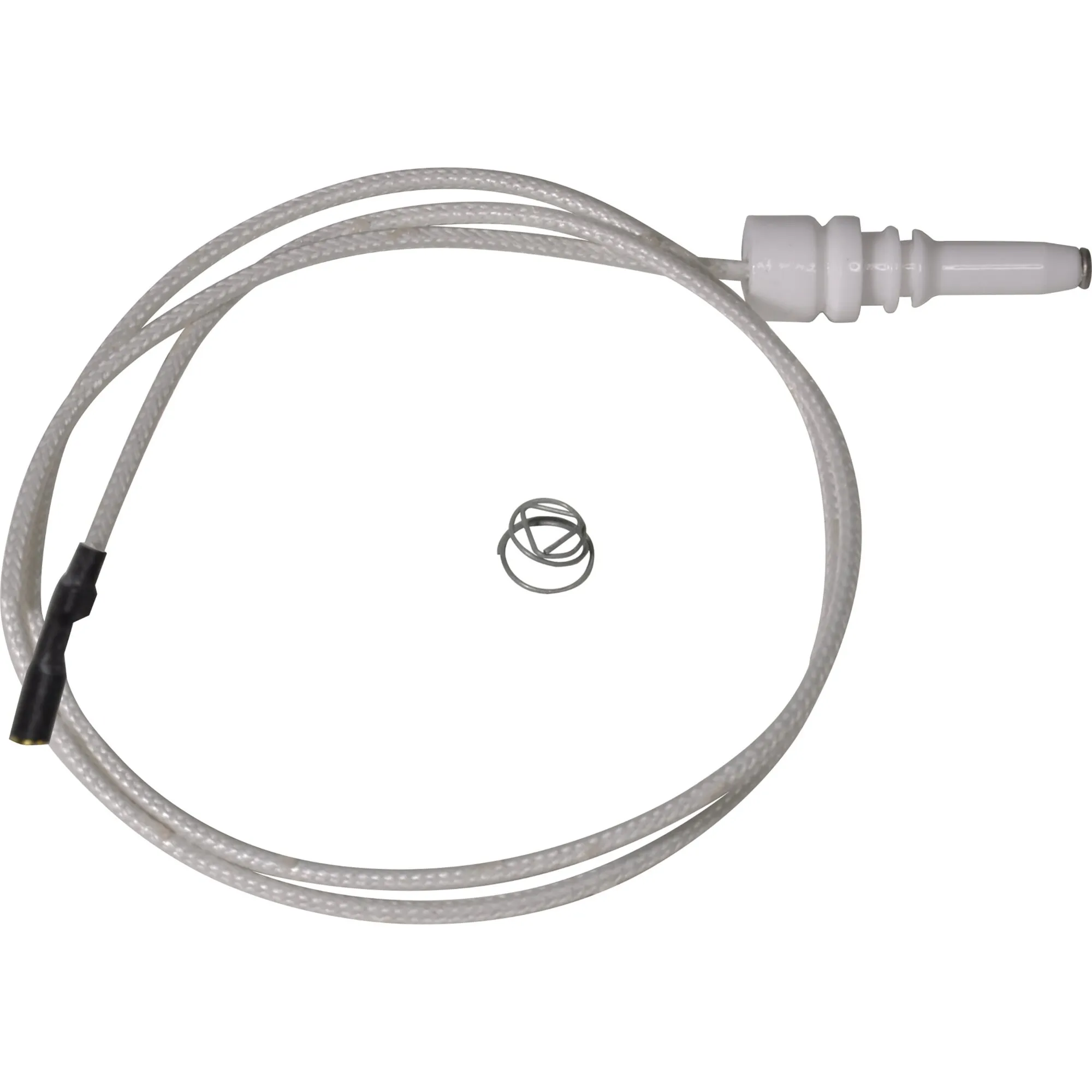 Weiße Zündelektrode mit geflochtener Anschlussleitung, Rundstecker, schwarzer Schutzkappe und separater Befestigungsfeder, 26 cm lang