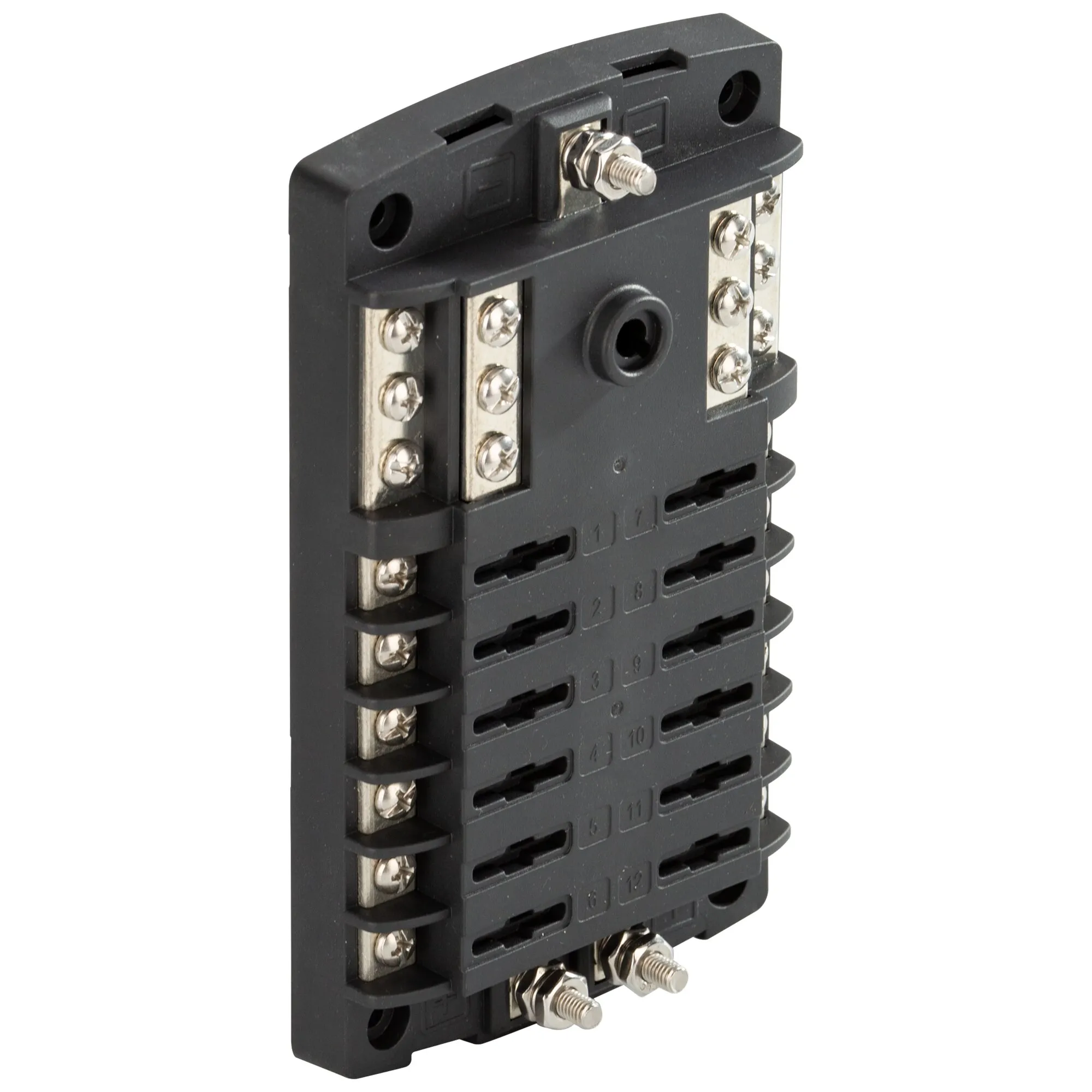 Schwarzer Sicherungsblock ST ATO® Series mit Erdungsschiene, zwölf Sicherungsplätzen und sichtbaren Schraubanschlüssen