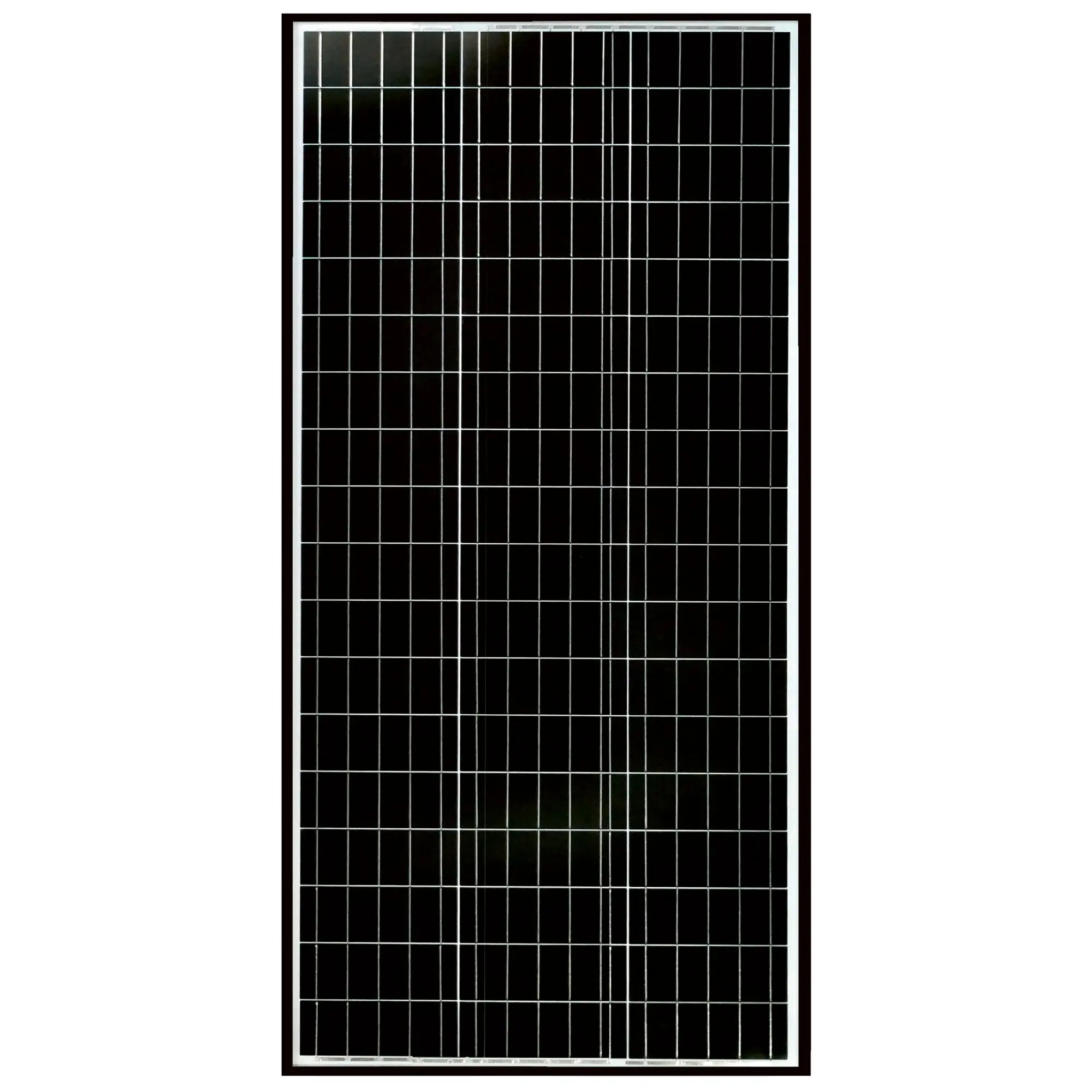 Solarmodul mit schwarzem Zellenfeld, durch weiße Rasterlinien in Rechtecke gegliedert, von hellem Rahmen und dunklem Rand umgeben