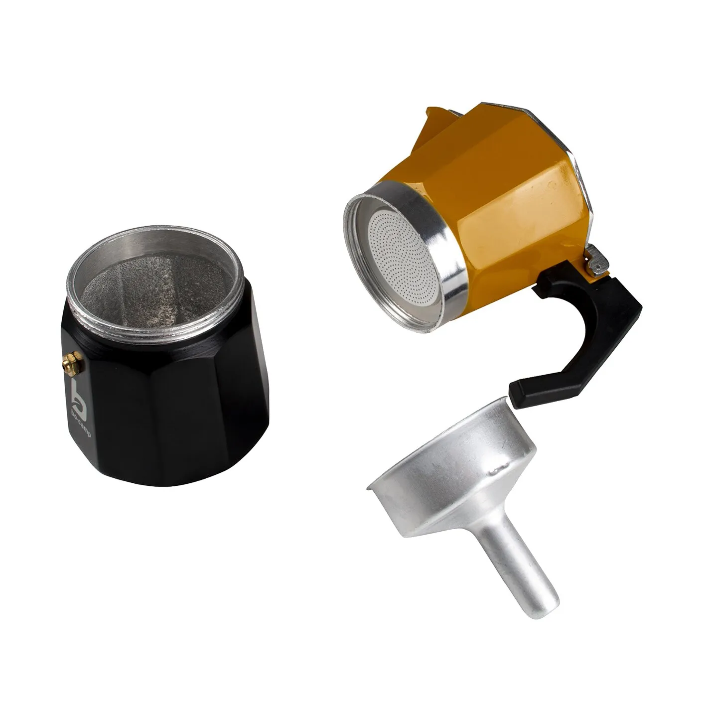 Zerlegter Kaffeebereiter Hudson in Schwarz und Gold mit schwarzem Griff, Metallfiltereinsatz und separatem Siebträgeraufsatz